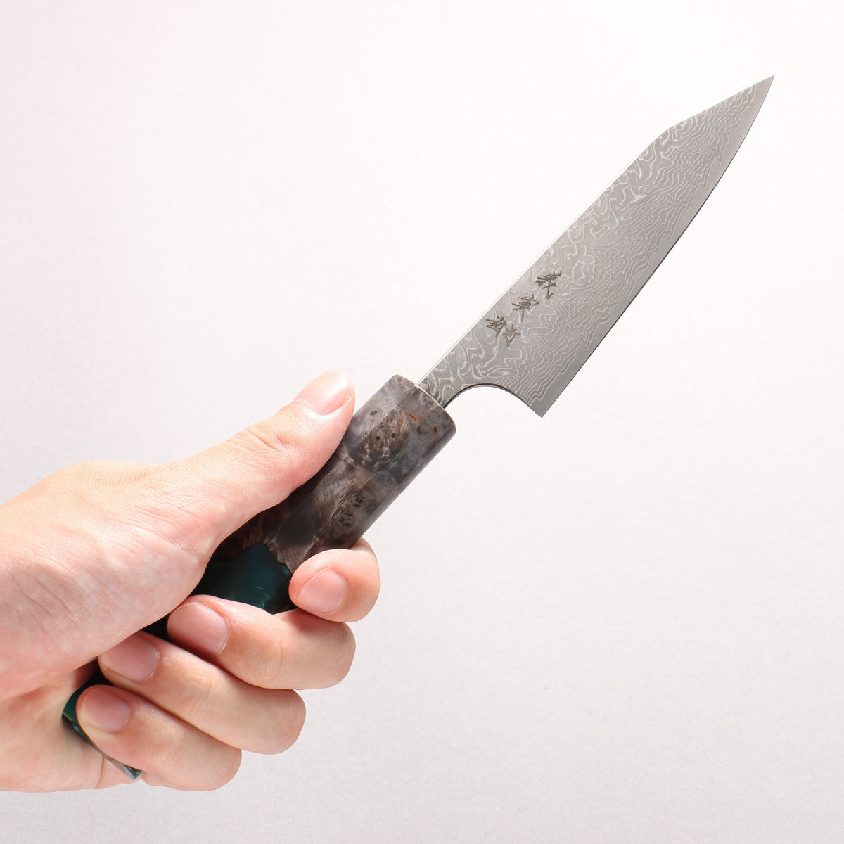 Yoshimi Kato SG2 Black Damascus Kiritsuke Petty-Utility 120mm Stabilized Birch with Emerald Green Resin Handle