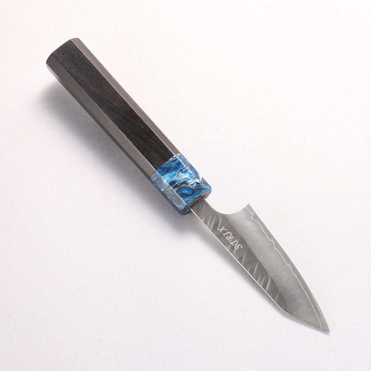 Yoshimi Kato SPG STRIX Hammered (V) Kiritsuke Paring 80mm Ebony (ferrule: Blue Marble Resin) Handle