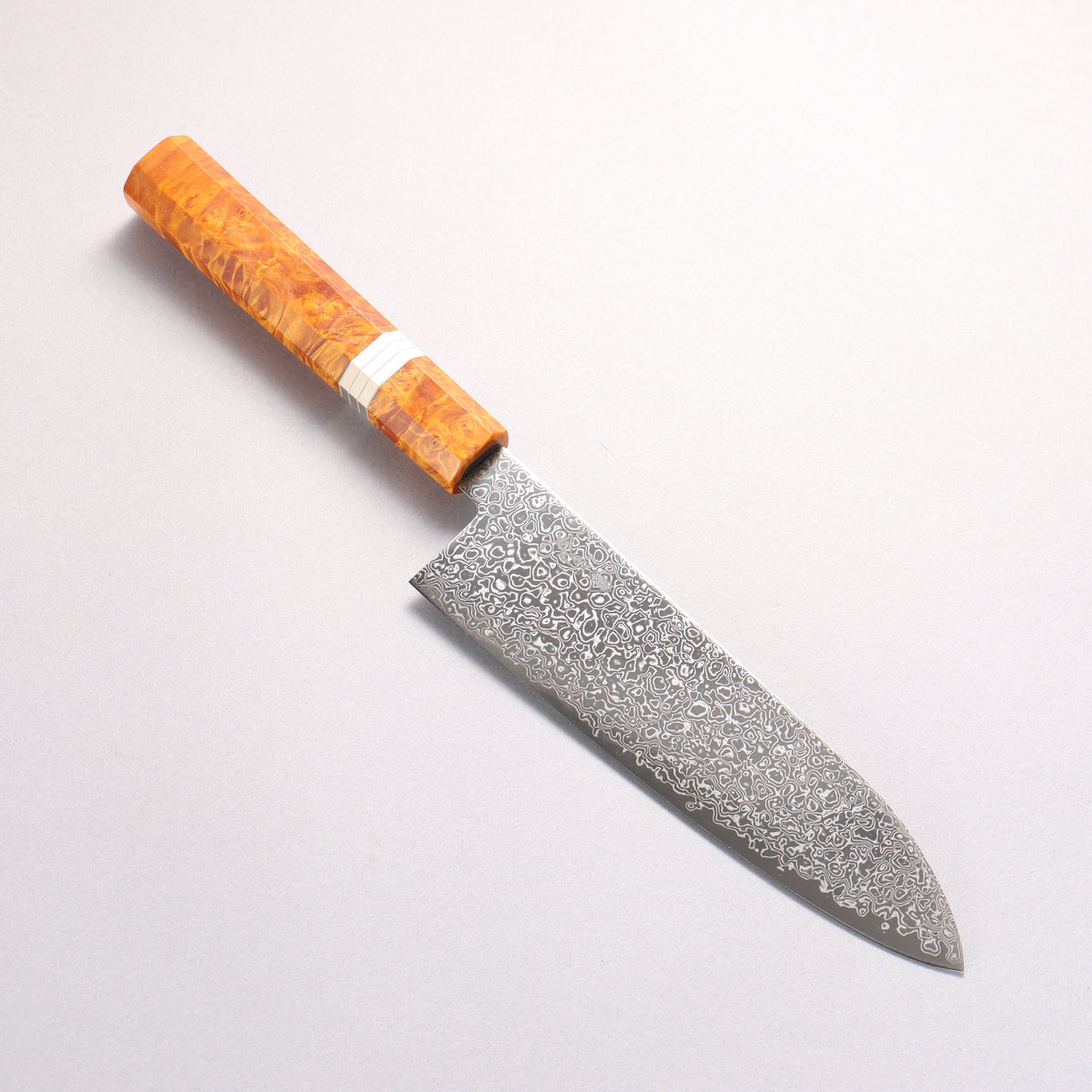 Kanjyo SG2 Damascus Migaki Finished Santoku 180mm Brown Stabilized Wood (Silver Rings) Handle - Seisuke Knife