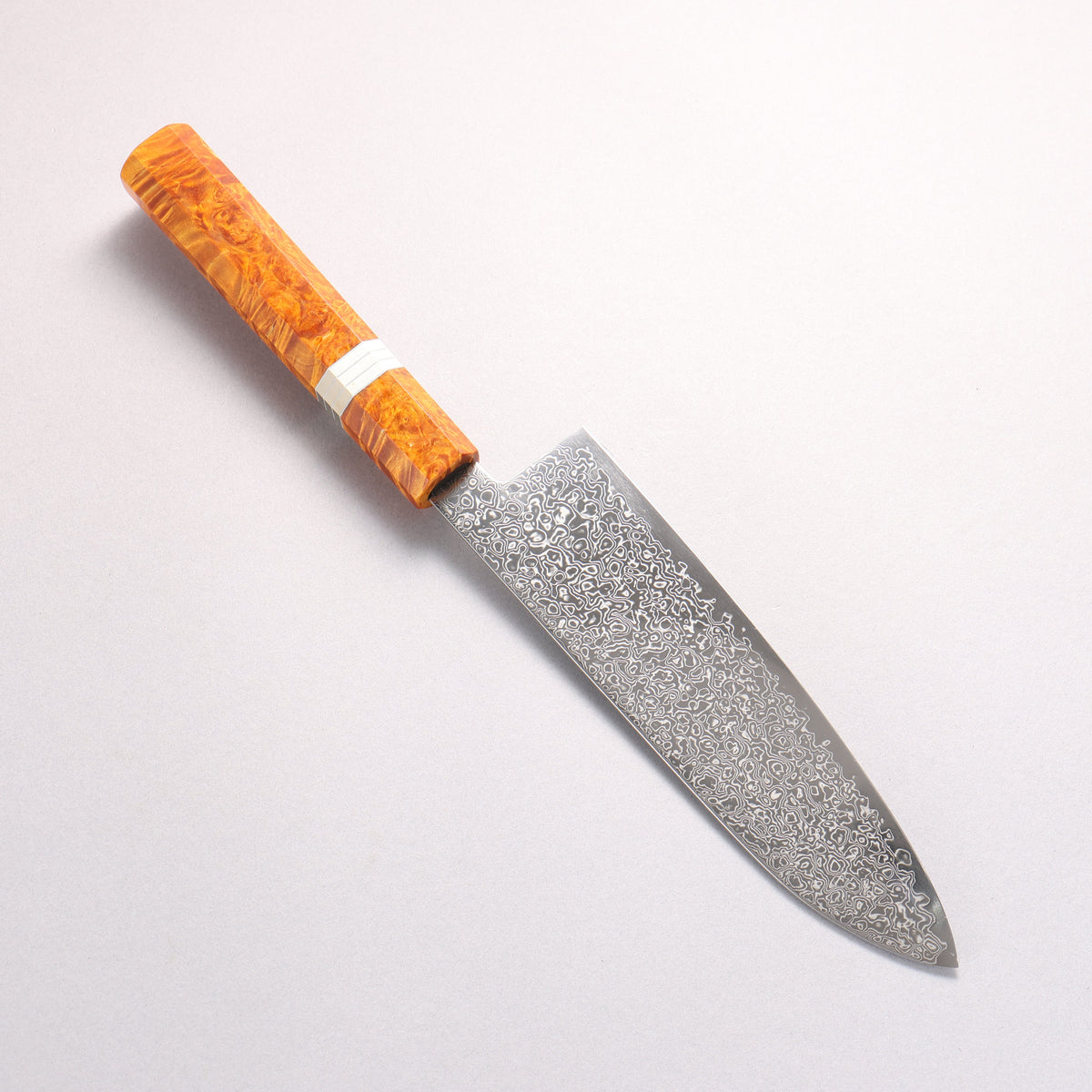 Kanjyo SG2 Damascus Migaki Finished Santoku 180mm Brown Stabilized Wood (Silver Rings) Handle - Seisuke Knife
