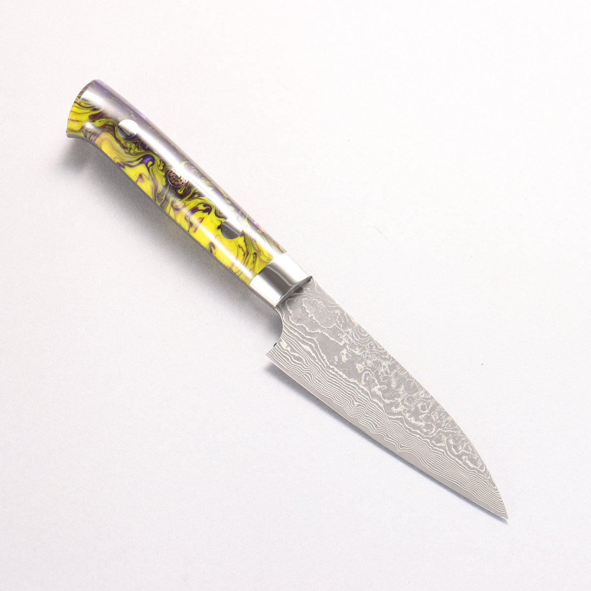 Takeshi Saji SG2 Black Damascus Petty-Utility 90mm Black and Yellow Marbled Acrylic Handle
