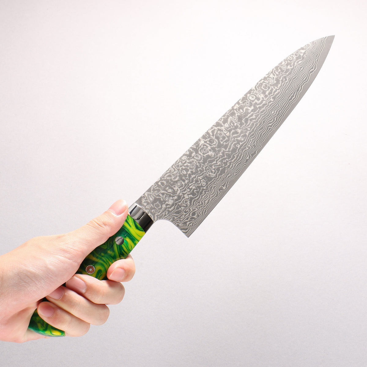 Takeshi Saji SG2 Black Damascus Gyuto 240mm Green Yellow Acrylic Handle