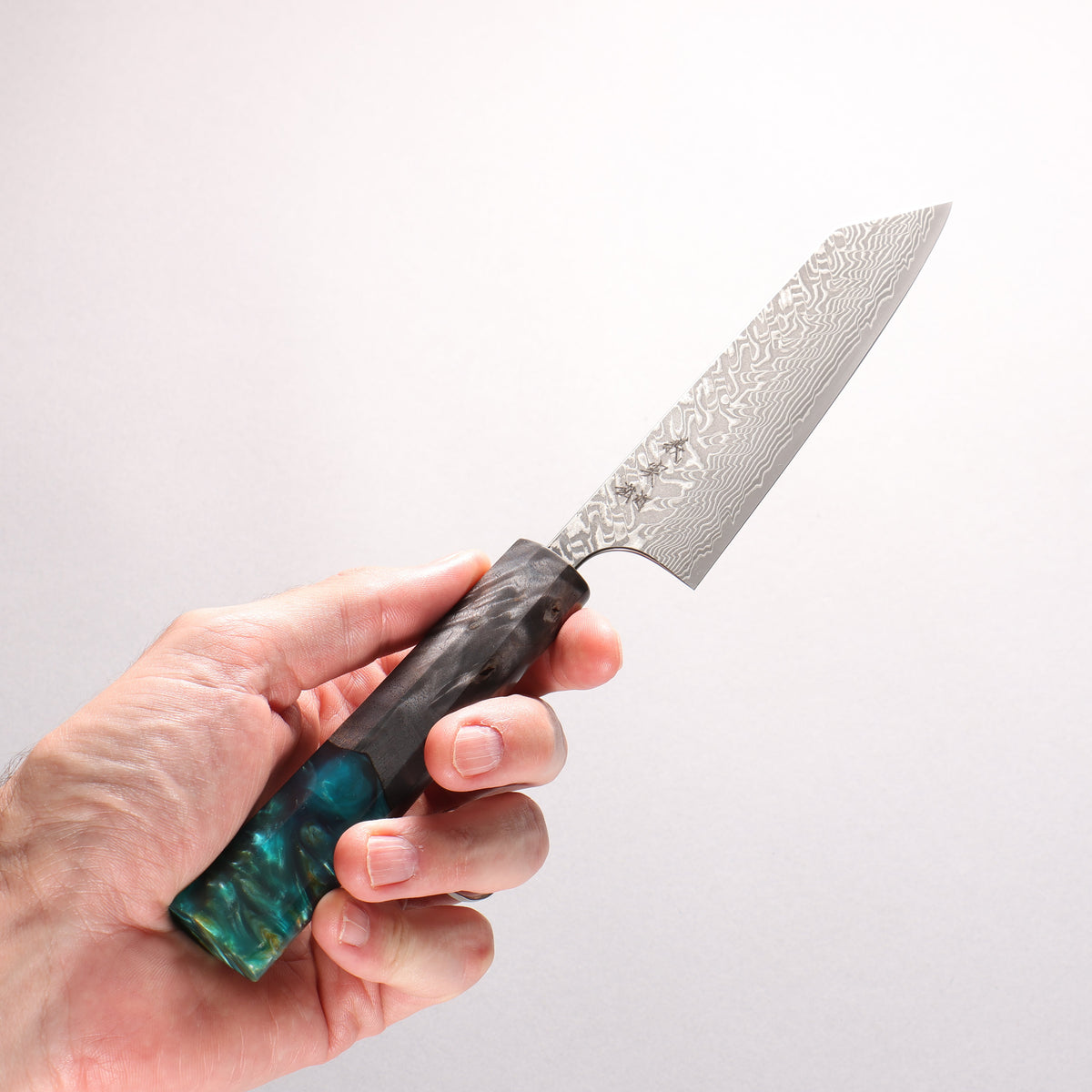 Yoshimi Kato SG2 Black Damascus Small Bunka 130mm Black Stabilized Wood and Emerald Green Resin Handle