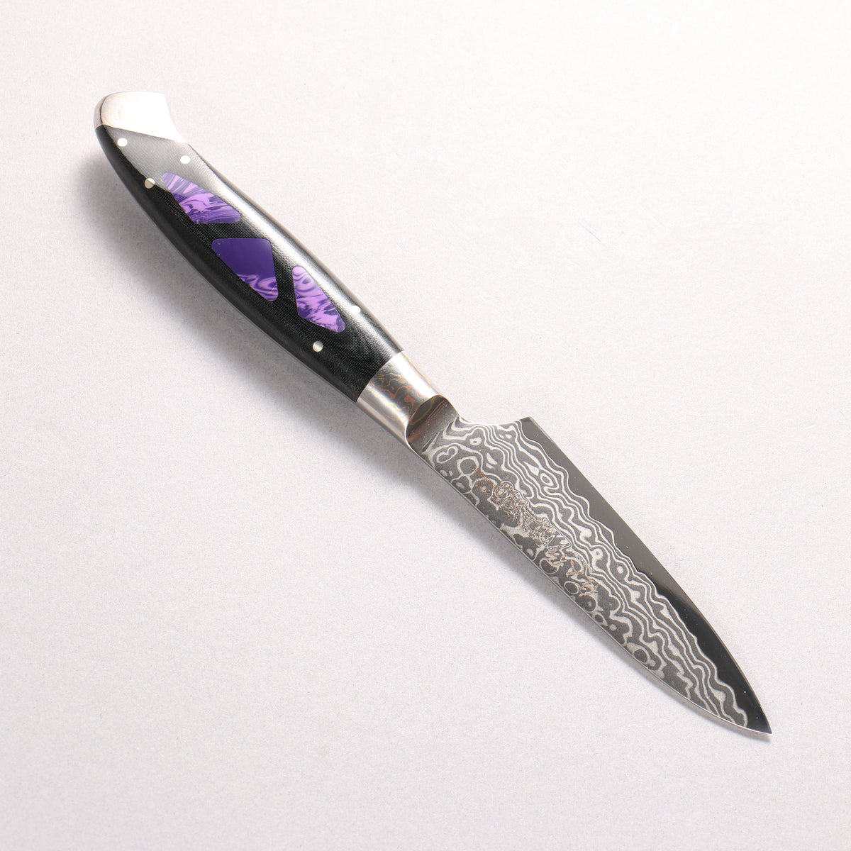 Kajin ZDP189 Damascus Migaki Finished Petty-Utility 95mm Linen Micarta With Gemstone Inlayed Handle