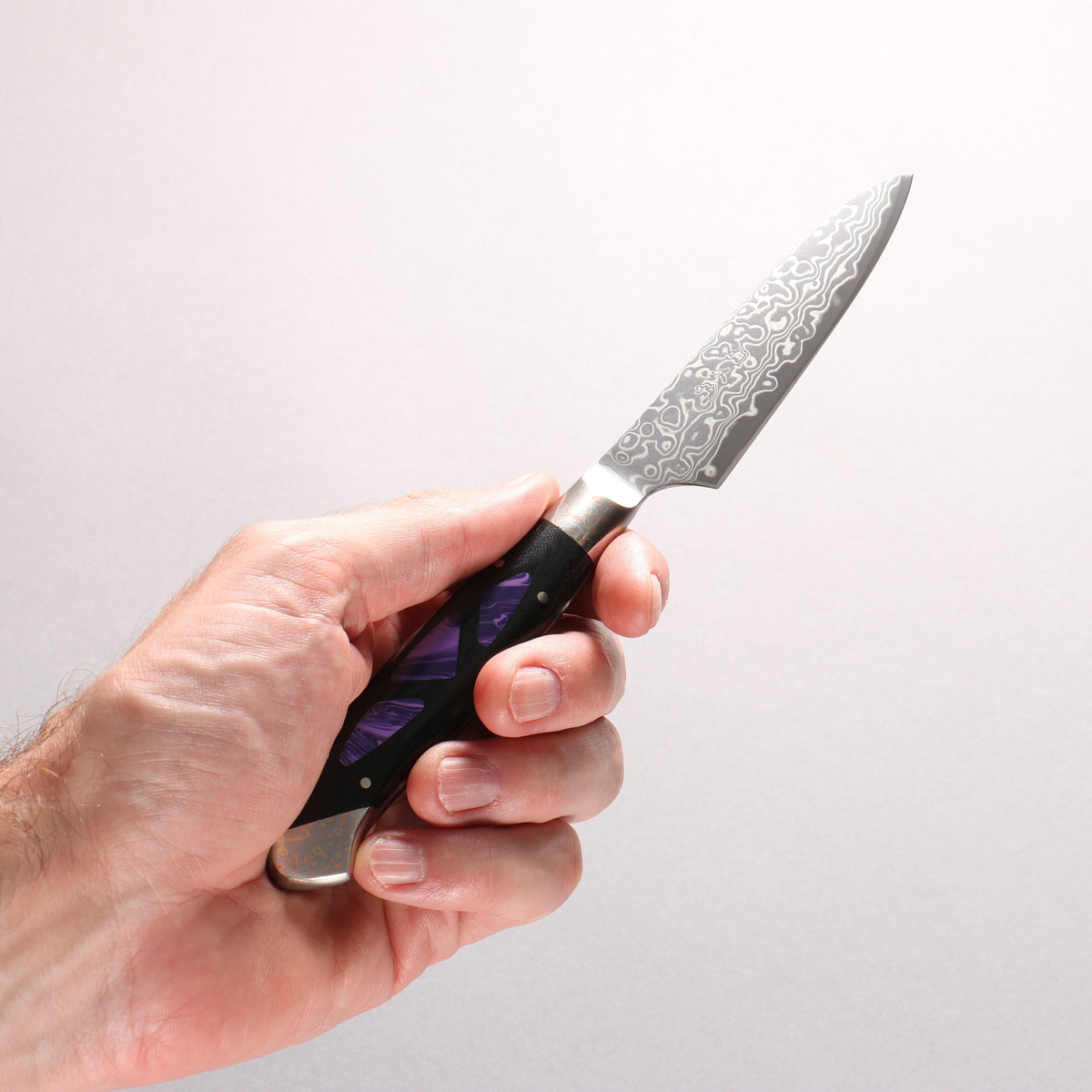 Kajin ZDP189 Damascus Migaki Finished Petty-Utility 95mm Linen Micarta With Gemstone Inlayed Handle