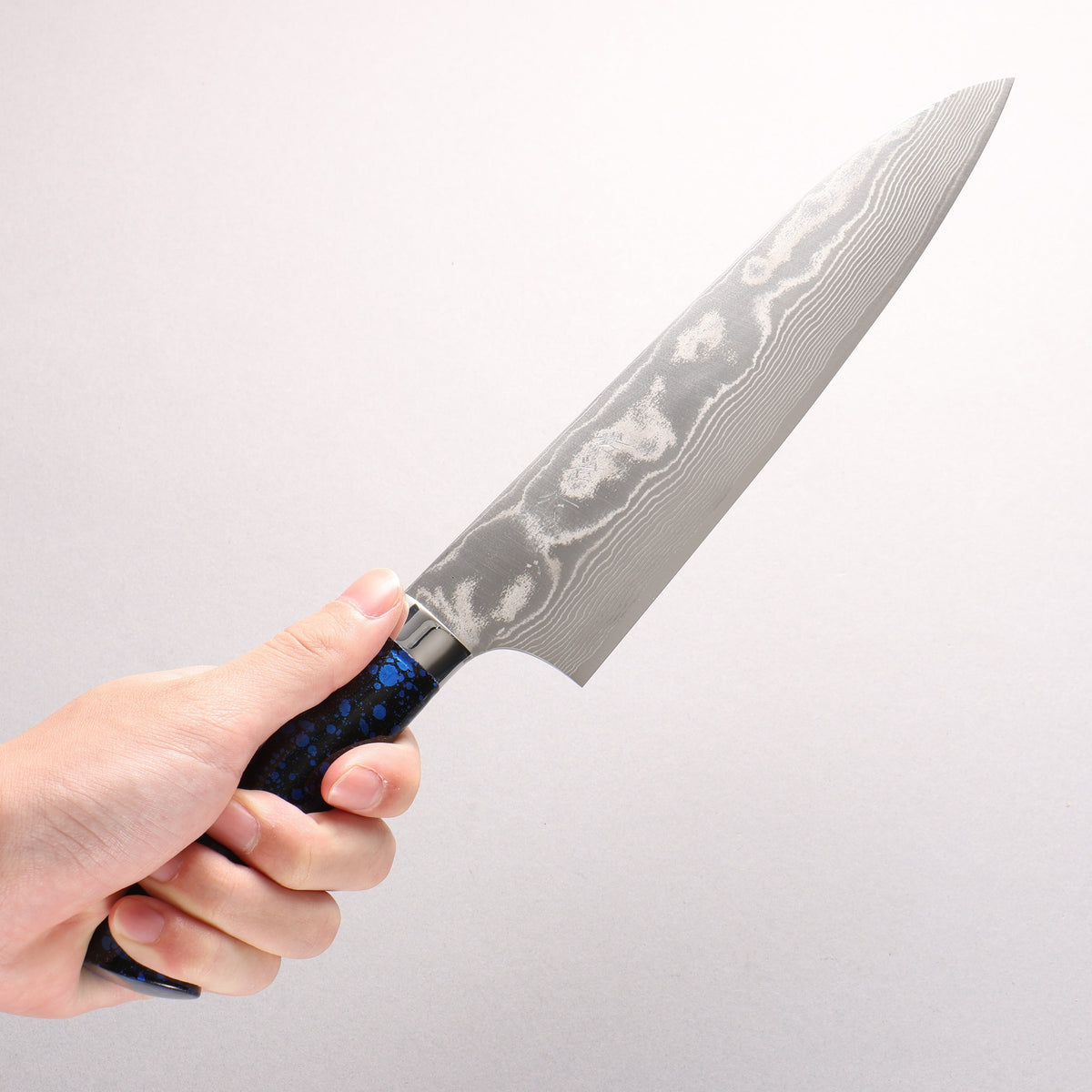 Takeshi Saji SPG STRIX Damascus Gyuto 210mm Black and Blue Urethane Coating Handle with Sheath