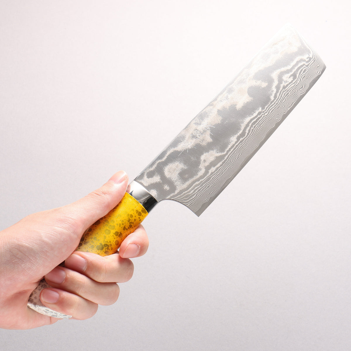 Takeshi Saji SPG STRIX Damascus Nakiri 165mm White and Yellow Urethane Coating Handle with Sheath