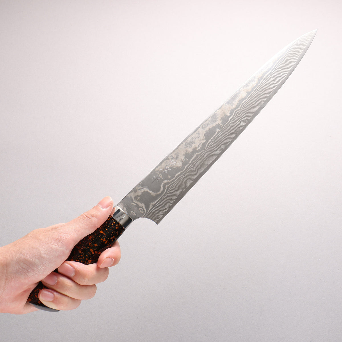 Takeshi Saji SPG STRIX Damascus Sujihiki 270mm Black and Orange Urethane Coating Handle with Sheath