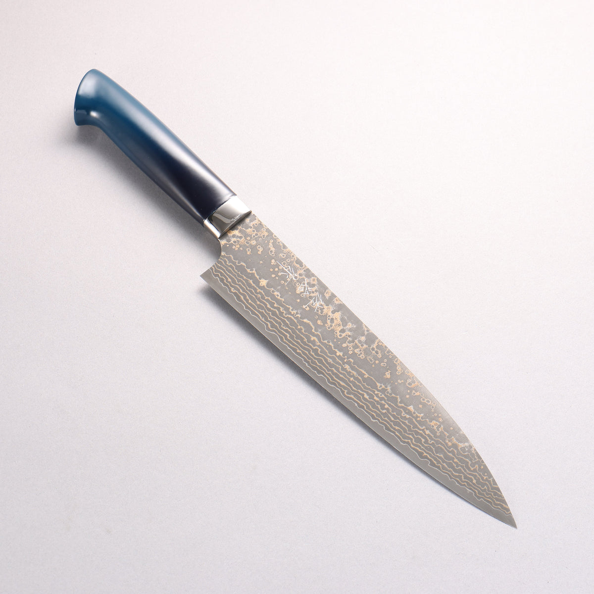 Takeshi Saji VG10w Colored Damascus Black Finished Gyuto 210mm Matte Black and Blue Urethane Coating Handle with Sheath