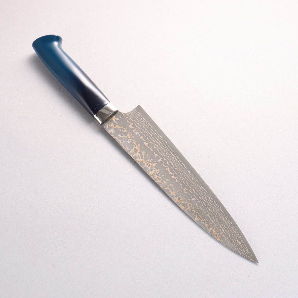 Takeshi Saji VG10w Colored Damascus Black Finished Gyuto 210mm Matte Black and Blue Urethane Coating Handle with Sheath