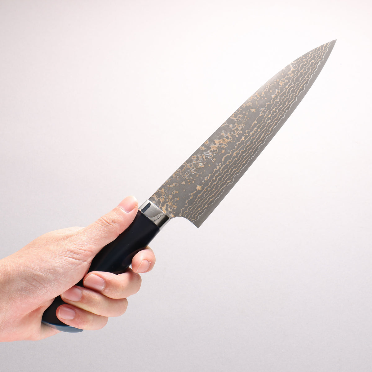Takeshi Saji VG10w Colored Damascus Black Finished Gyuto 210mm Matte Black and Blue Urethane Coating Handle with Sheath