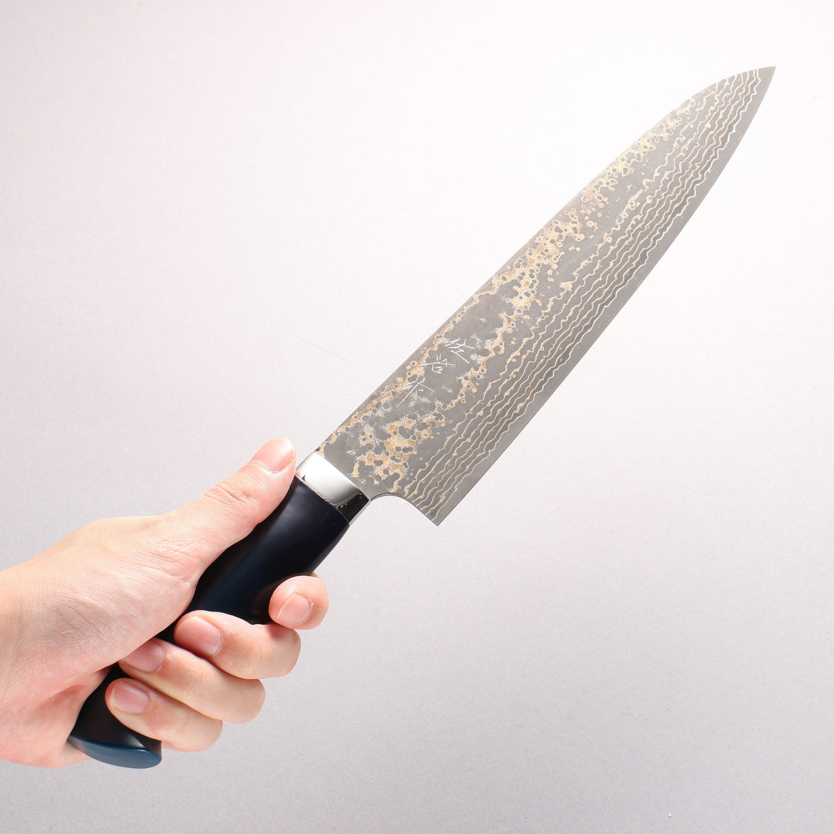 Takeshi Saji VG10w Colored Damascus Black Finished Gyuto 240mm Matte Black and Blue Urethane Coating Handle with Sheath