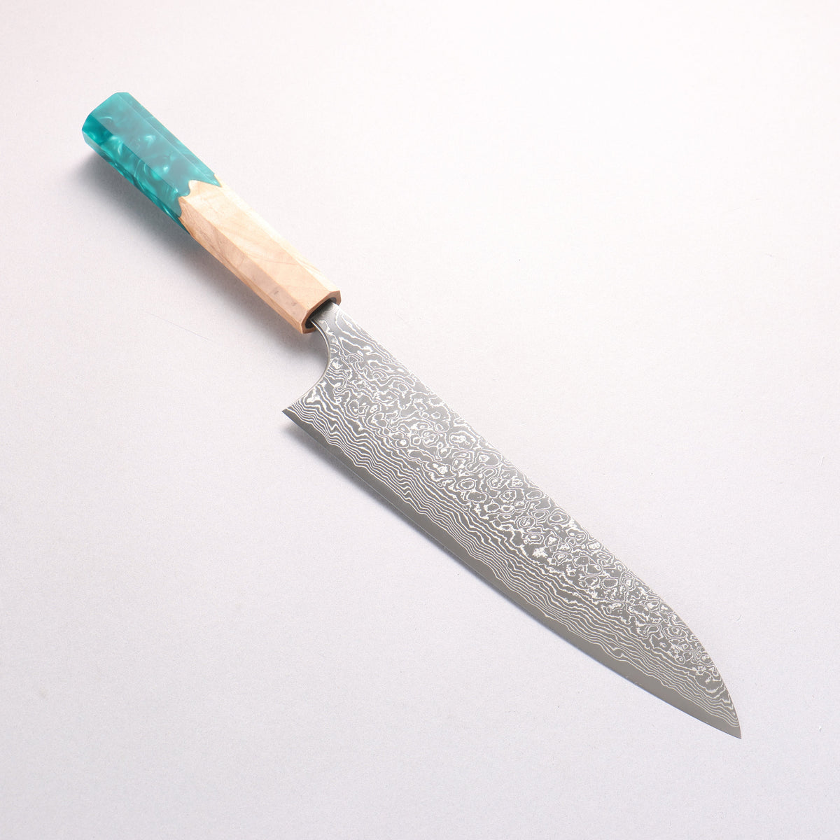 Anryu VG10 Migaki Finished Damascus Gyuto 210mm Olive Tree and Blue/Green Resin Handle