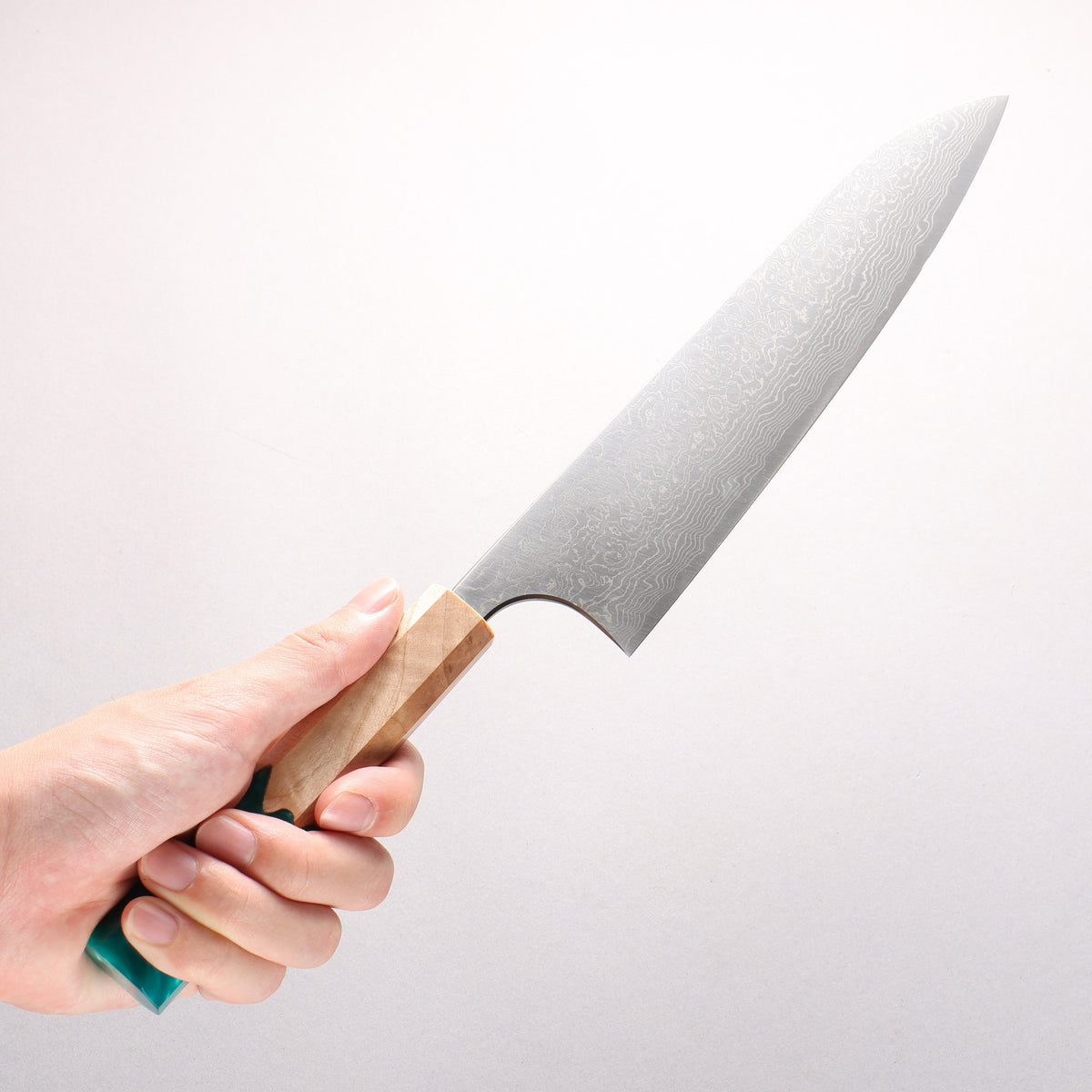 Anryu VG10 Migaki Finished Damascus Gyuto 210mm Olive Tree and Blue/Green Resin Handle