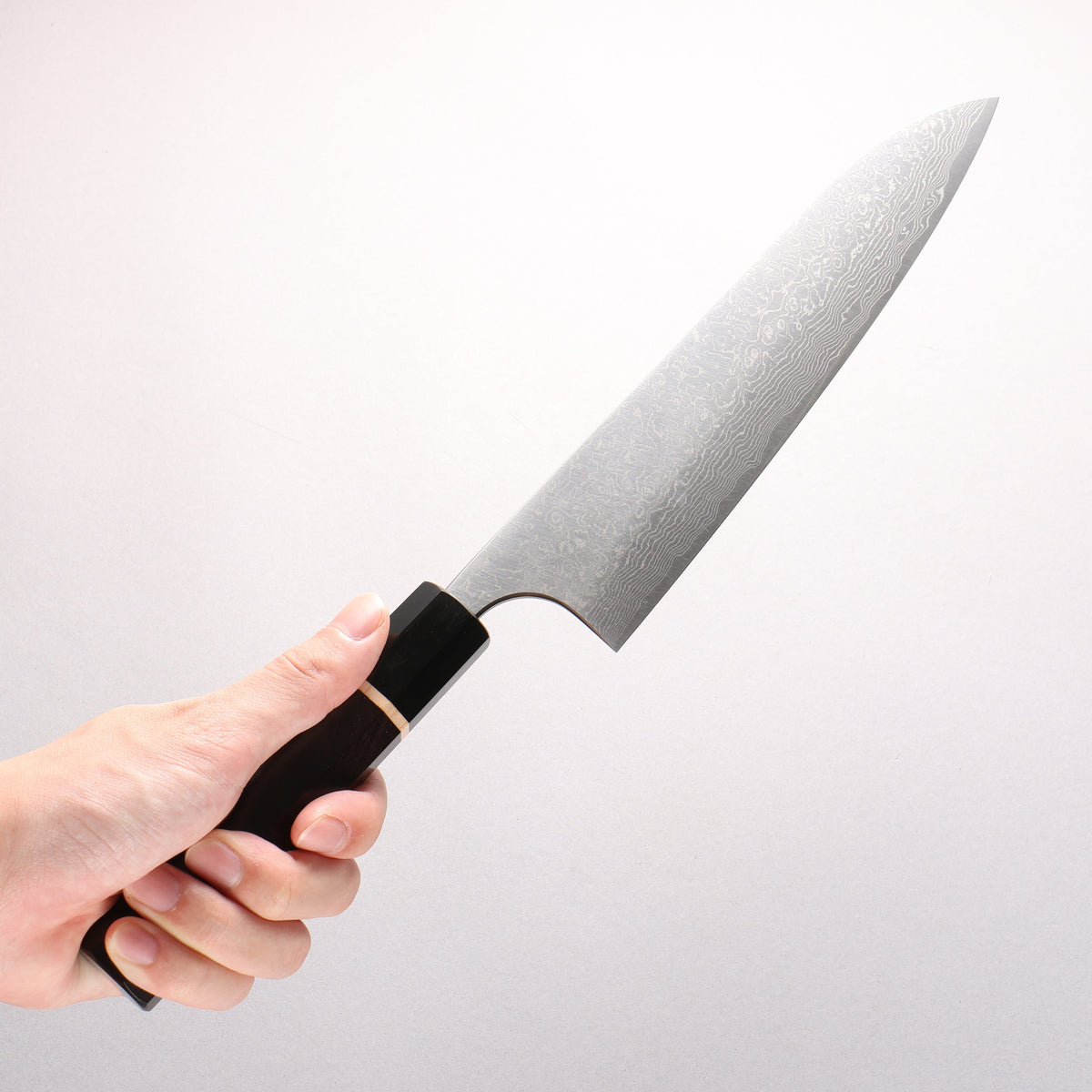 Anryu VG10 Migaki Finished Damascus Gyuto 210mm Ebony (1 Maple Ring and Black Water Buffalo Ferrule) Handle