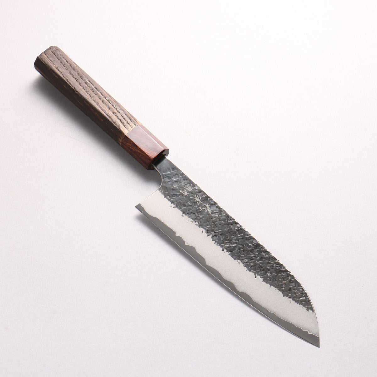 Yoshimi Kato Blue Super Black Finished Hammered(square) Santoku 170mm Burnt Chestnut (ferrule: Rosewood) Handle - Seisuke Knife