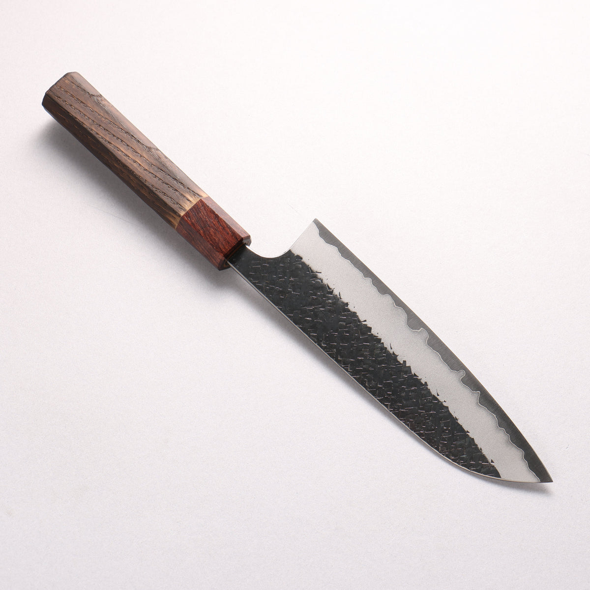 Yoshimi Kato Blue Super Black Finished Hammered(square) Santoku 170mm Burnt Chestnut (ferrule: Rosewood) Handle - Seisuke Knife