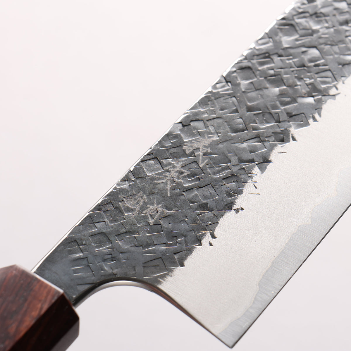 Yoshimi Kato Blue Super Black Finished Hammered(square) Santoku 170mm Burnt Chestnut (ferrule: Rosewood) Handle - Seisuke Knife