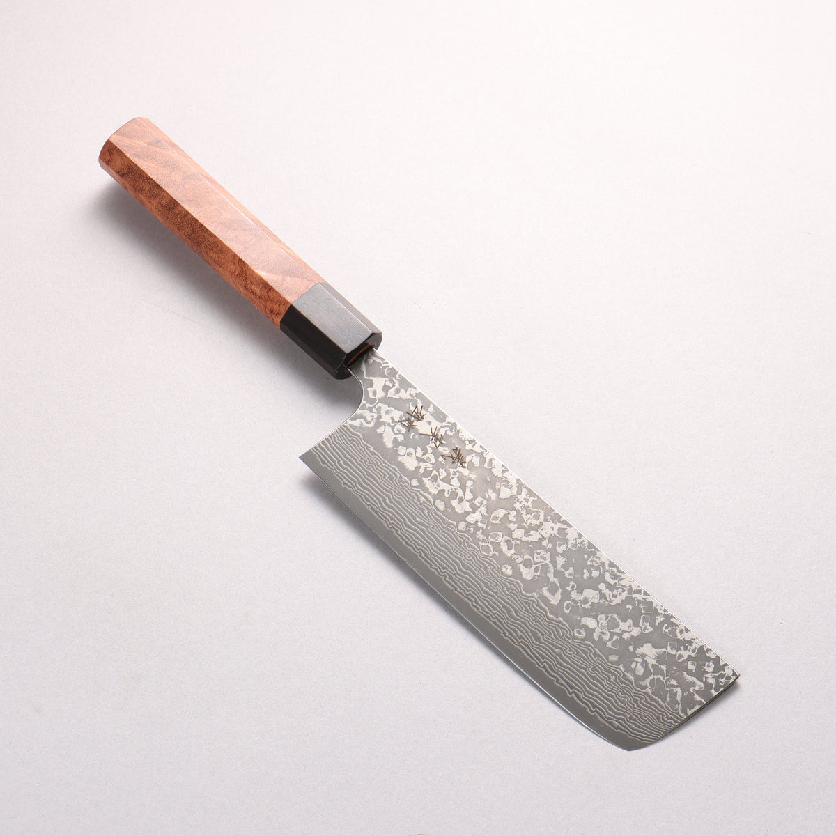 Yoshimi Kato VG10 Black Damascus Nakiri 165mm Chinese Quince Burl (Ferrule: Ebony) Handle - Seisuke Knife