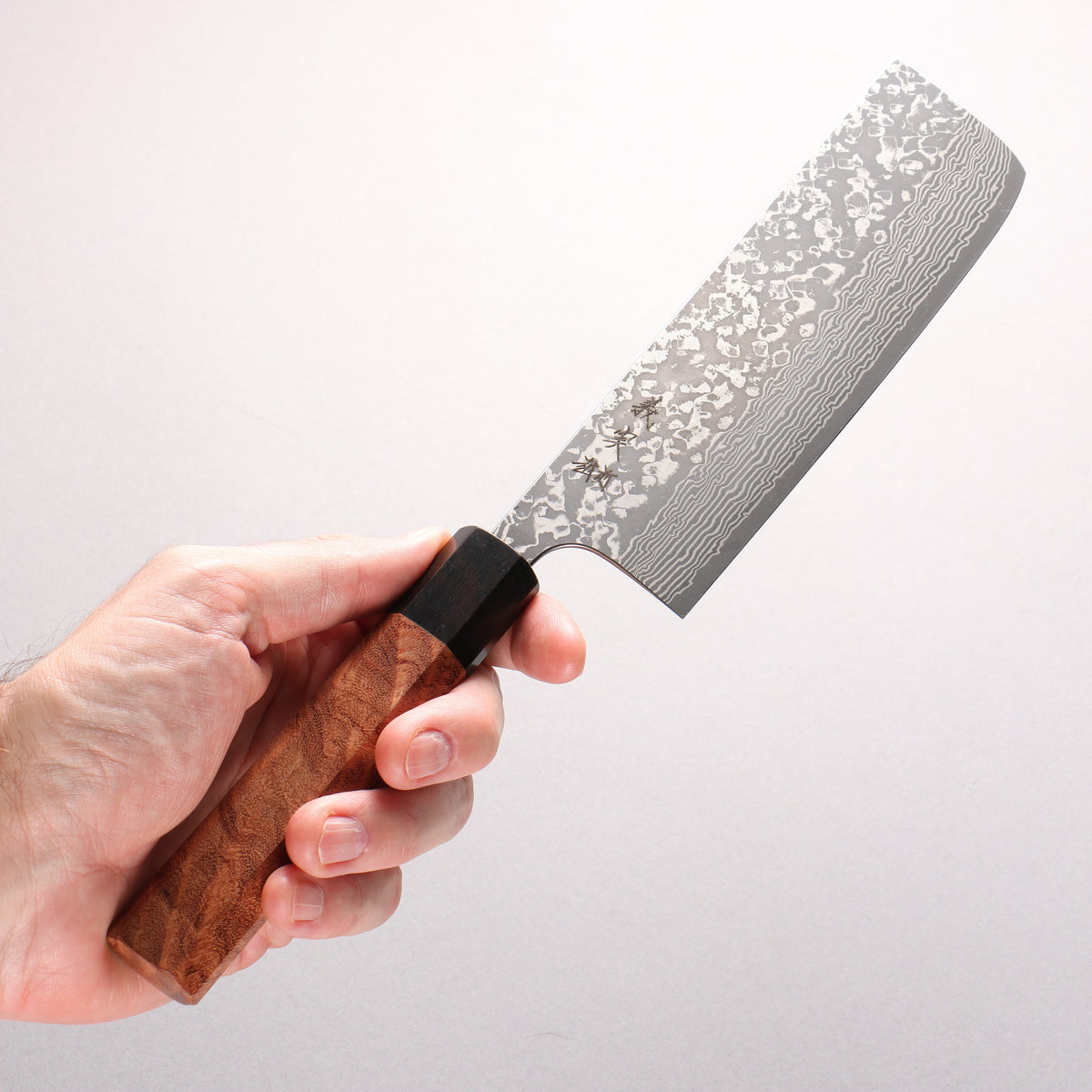 Yoshimi Kato VG10 Black Damascus Nakiri 165mm Chinese Quince Burl (Ferrule: Ebony) Handle - Seisuke Knife