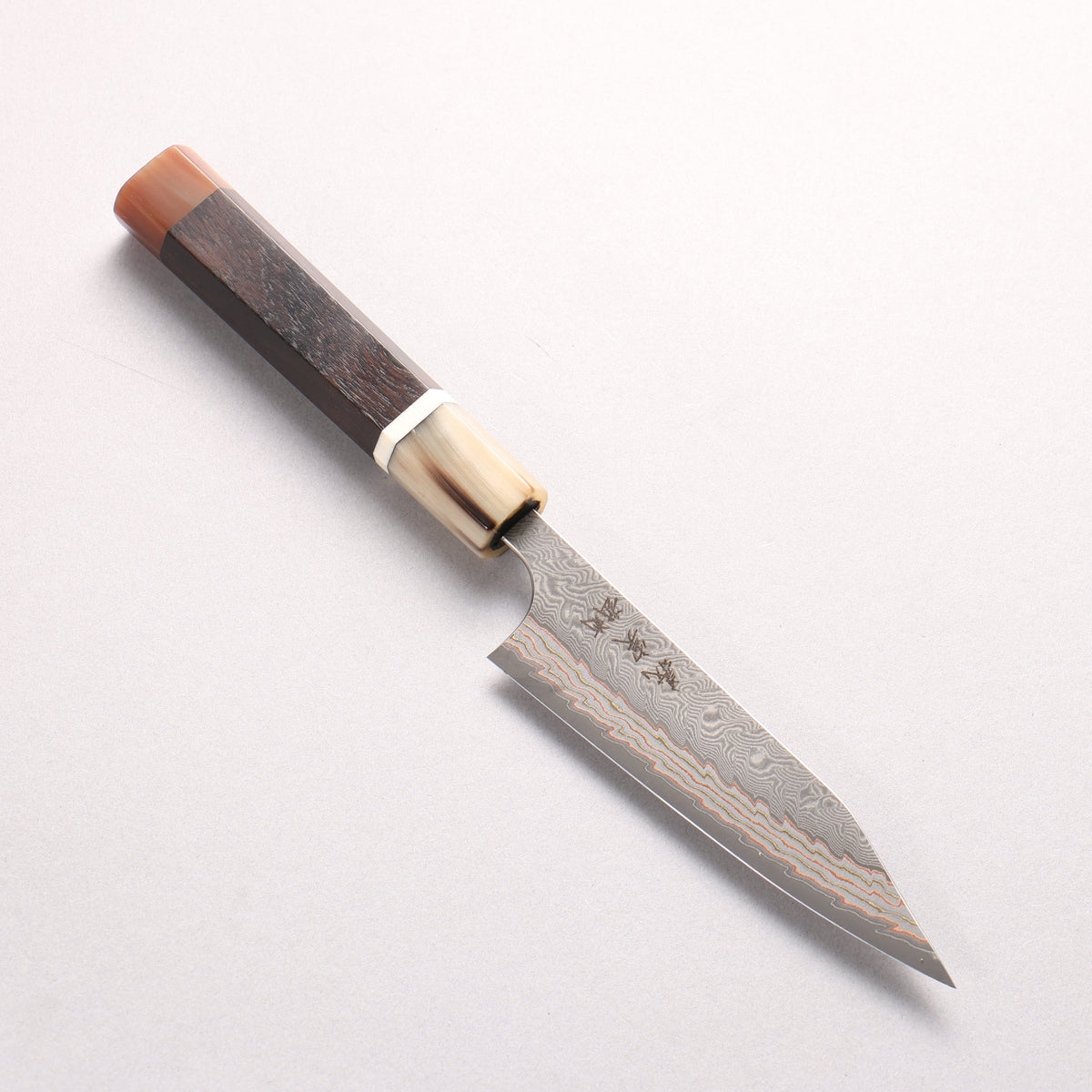 Yoshimi Kato VG10w Colored Damascus Kiritsuke Petty-Utility 120mm African Rosewood (with Double White Buffalo Horn) Handle - Seisuke Knife