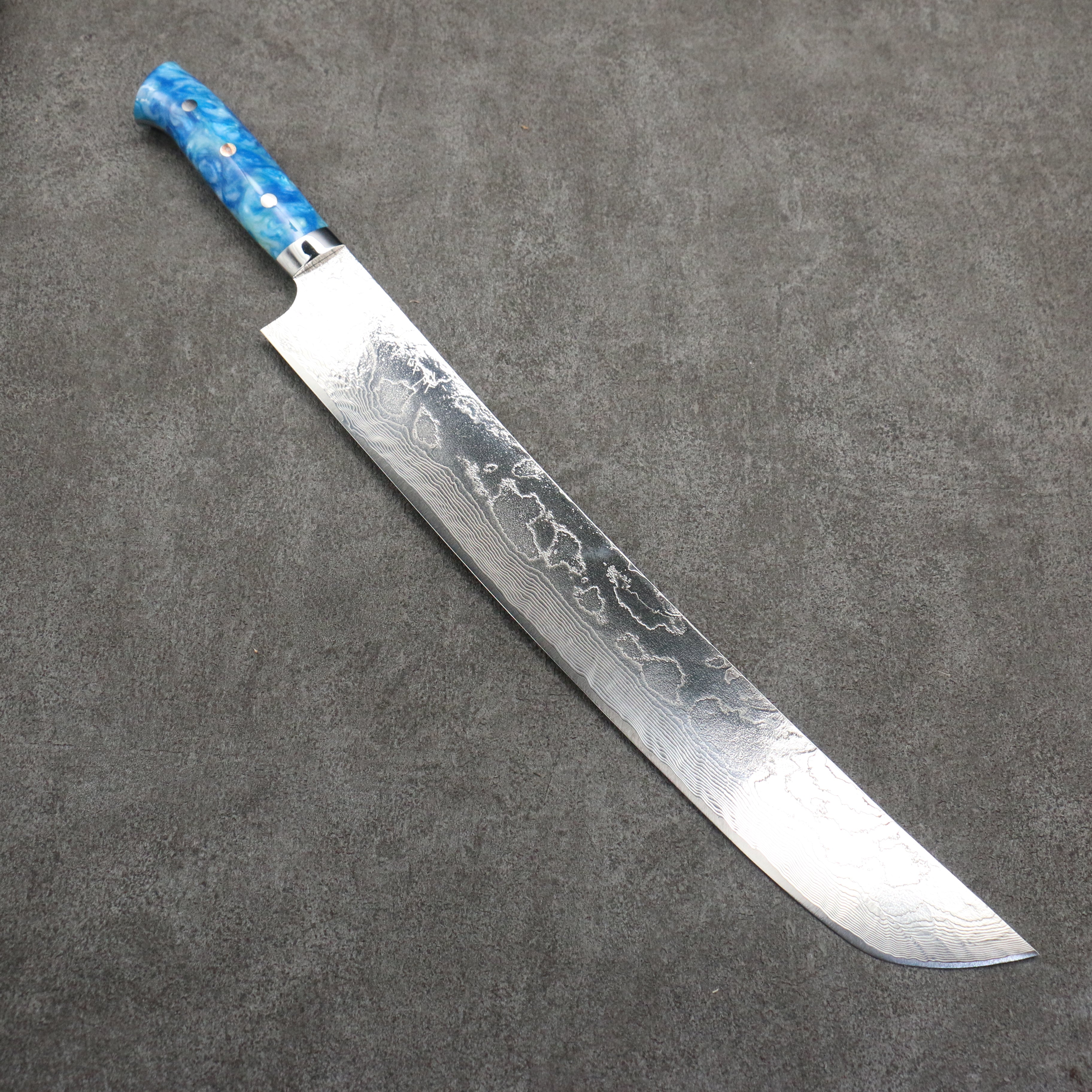 Takeshi Saji SG2 Damascus Diamond Finish Sakimaru Sujihiki 390mm White and Blue Marble Acrylic Handle - Seisuke Knife