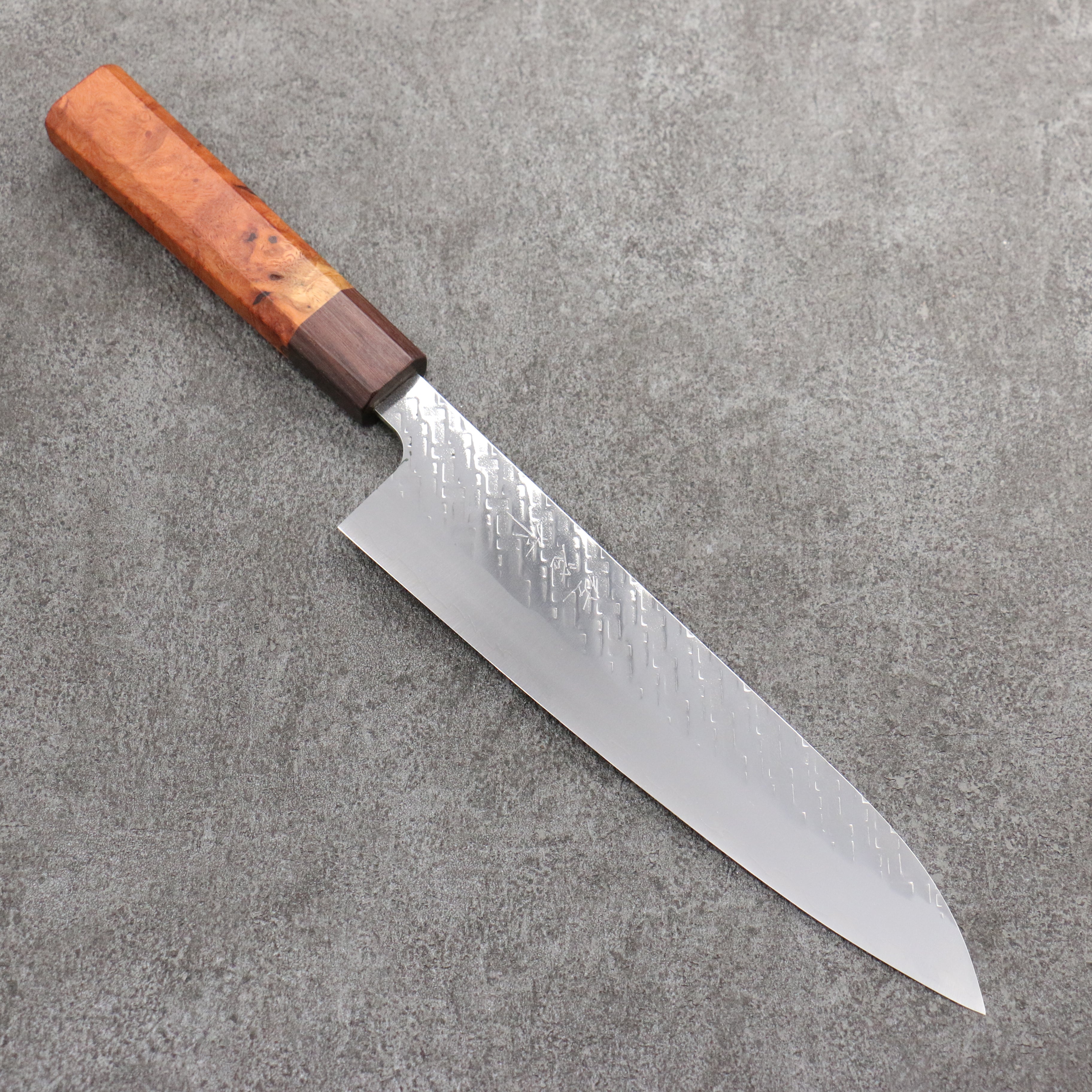 Takeshi Saji SPG STRIX Hammered Migaki Finished Gyuto 210mm Chinese Quince Burl (Ferrule: Purple Bombay Black Wood) Handle - Seisuke Knife