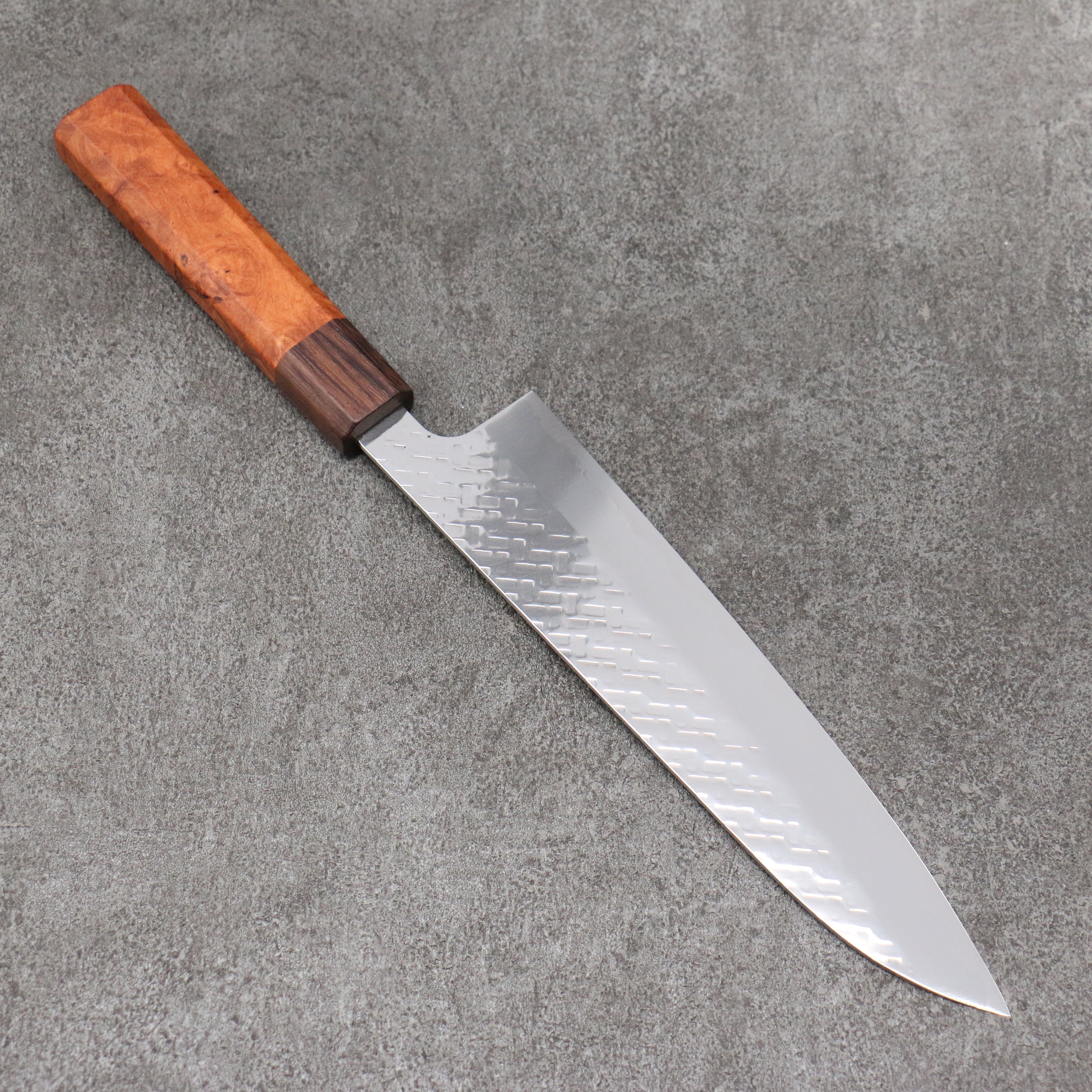 Takeshi Saji SPG STRIX Hammered Migaki Finished Gyuto 210mm Chinese Quince Burl (Ferrule: Purple Bombay Black Wood) Handle - Seisuke Knife