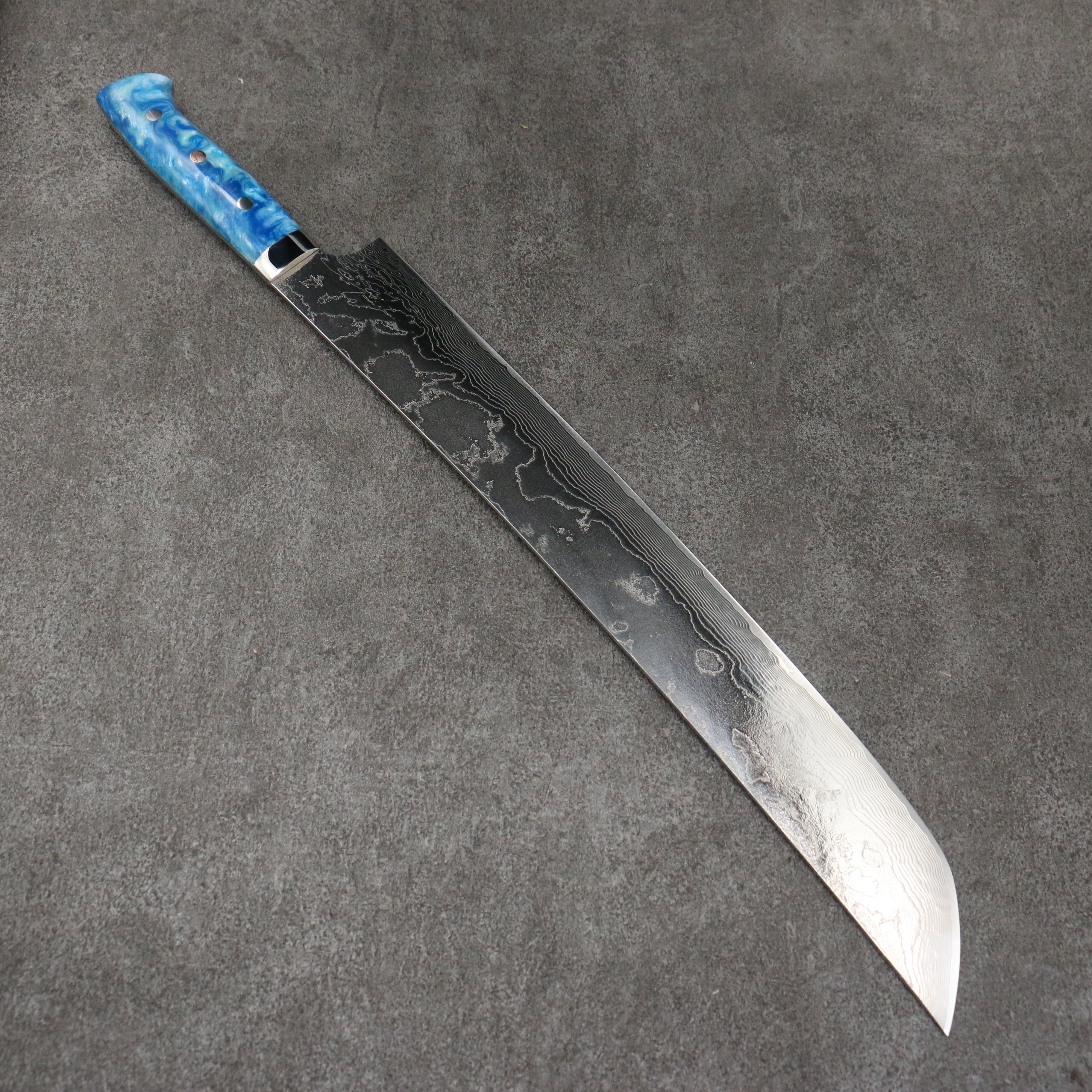 Takeshi Saji SG2 Damascus Diamond Finish Sakimaru Sujihiki 390mm White and Blue Marble Acrylic Handle - Seisuke Knife