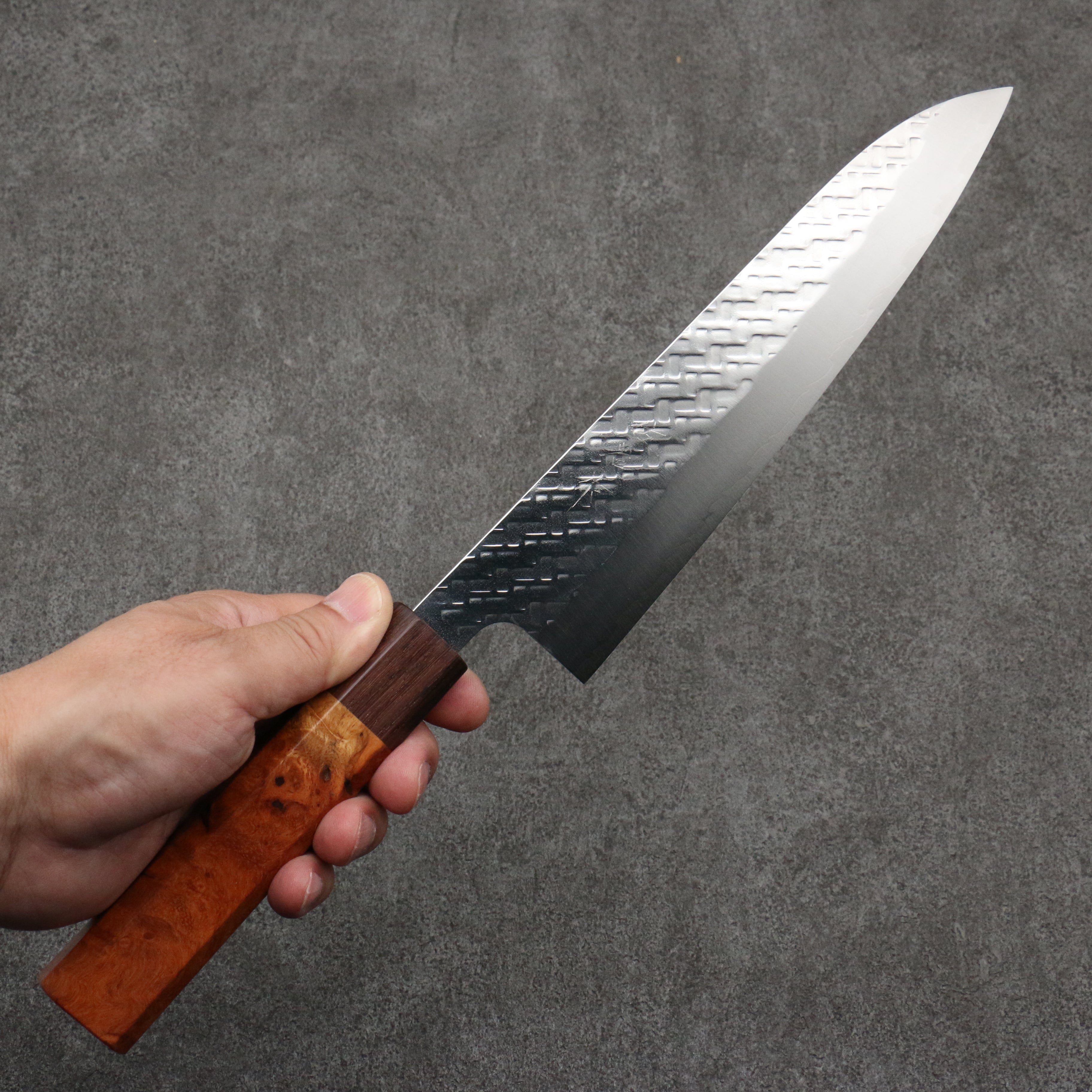 Takeshi Saji SPG STRIX Hammered Migaki Finished Gyuto 210mm Chinese Quince Burl (Ferrule: Purple Bombay Black Wood) Handle - Seisuke Knife