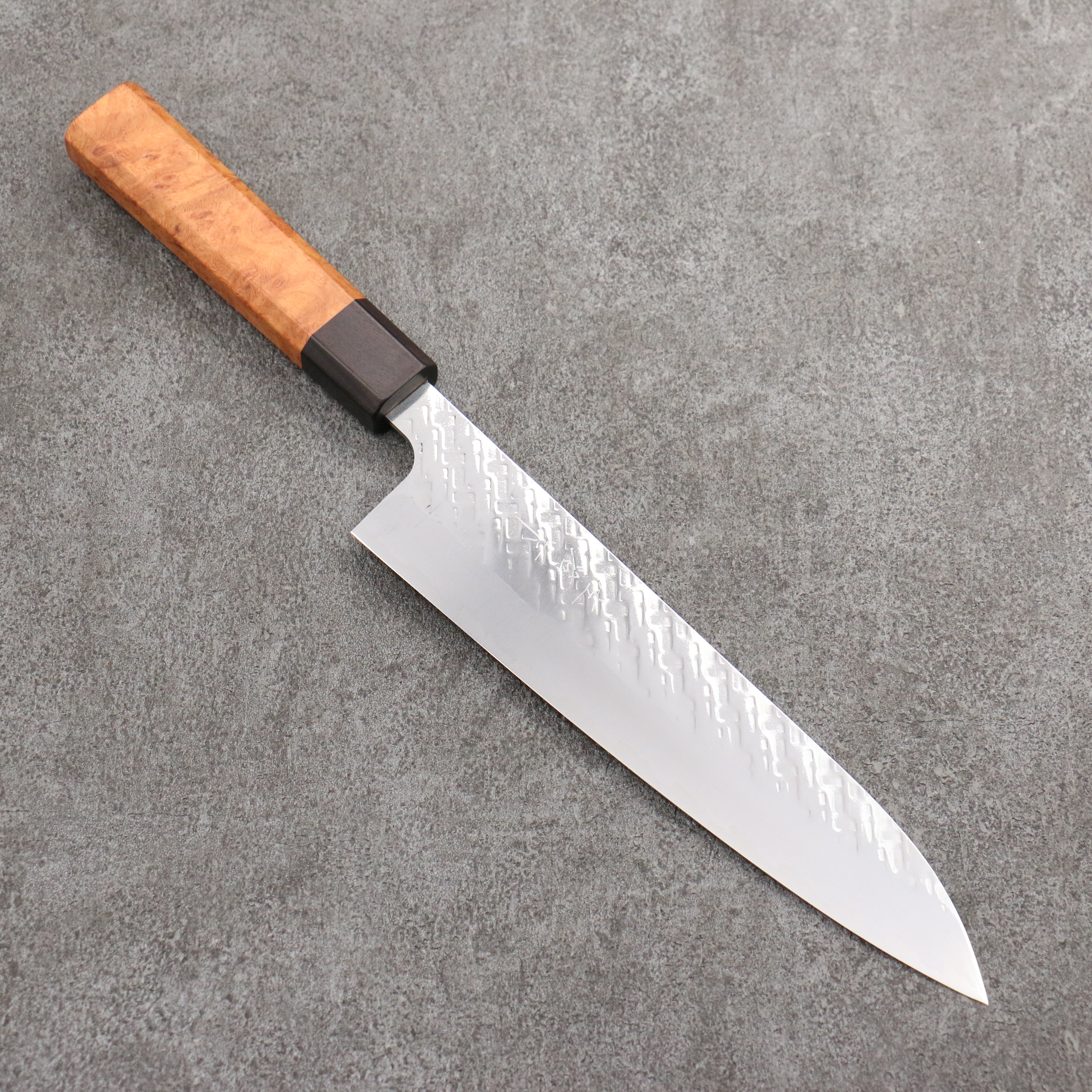 Takeshi Saji SPG STRIX Hammered Migaki Finished Gyuto 210mm Chinese Quince Burl (Ferrule: Ebony) Handle - Seisuke Knife