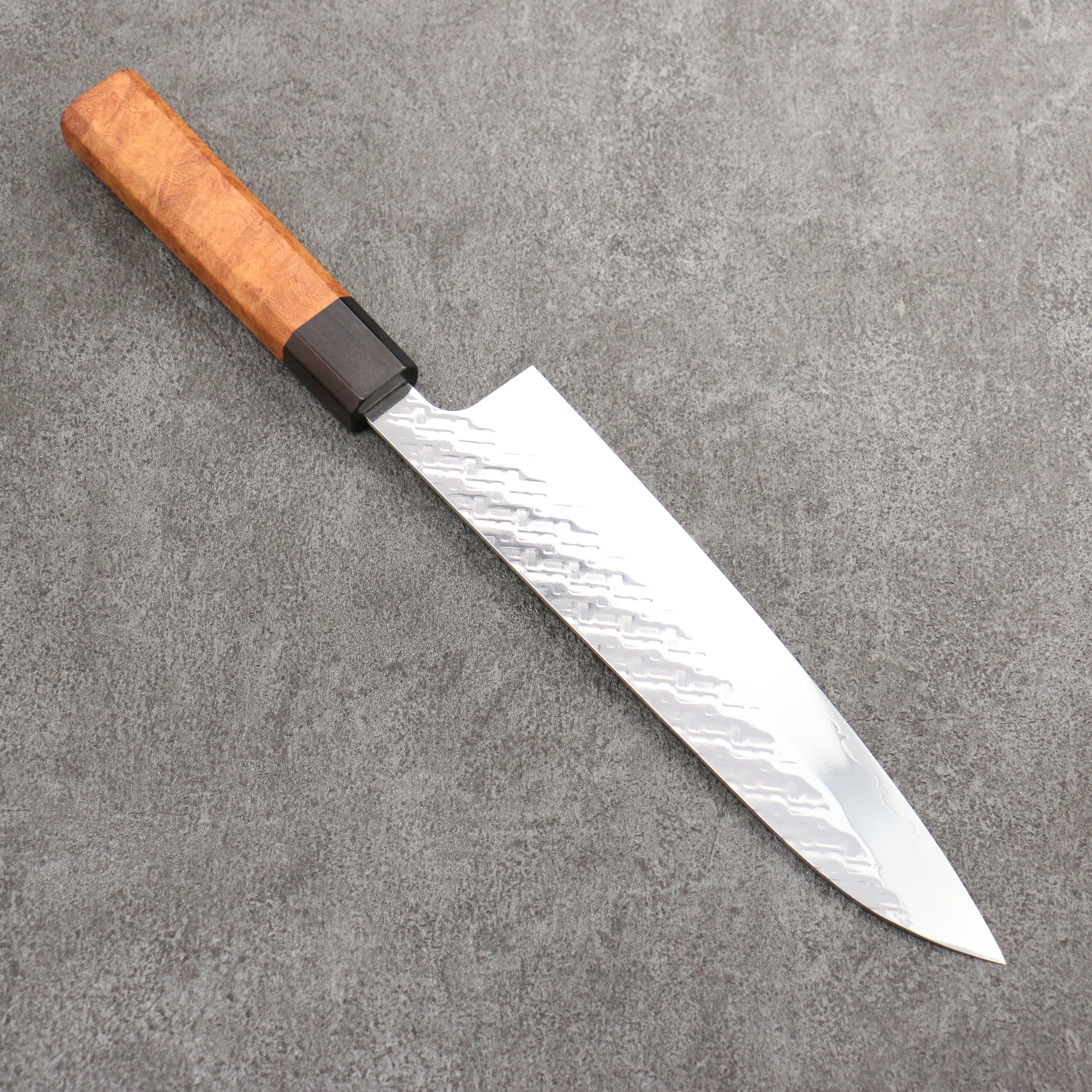 Takeshi Saji SPG STRIX Hammered Migaki Finished Gyuto 210mm Chinese Quince Burl (Ferrule: Ebony) Handle - Seisuke Knife