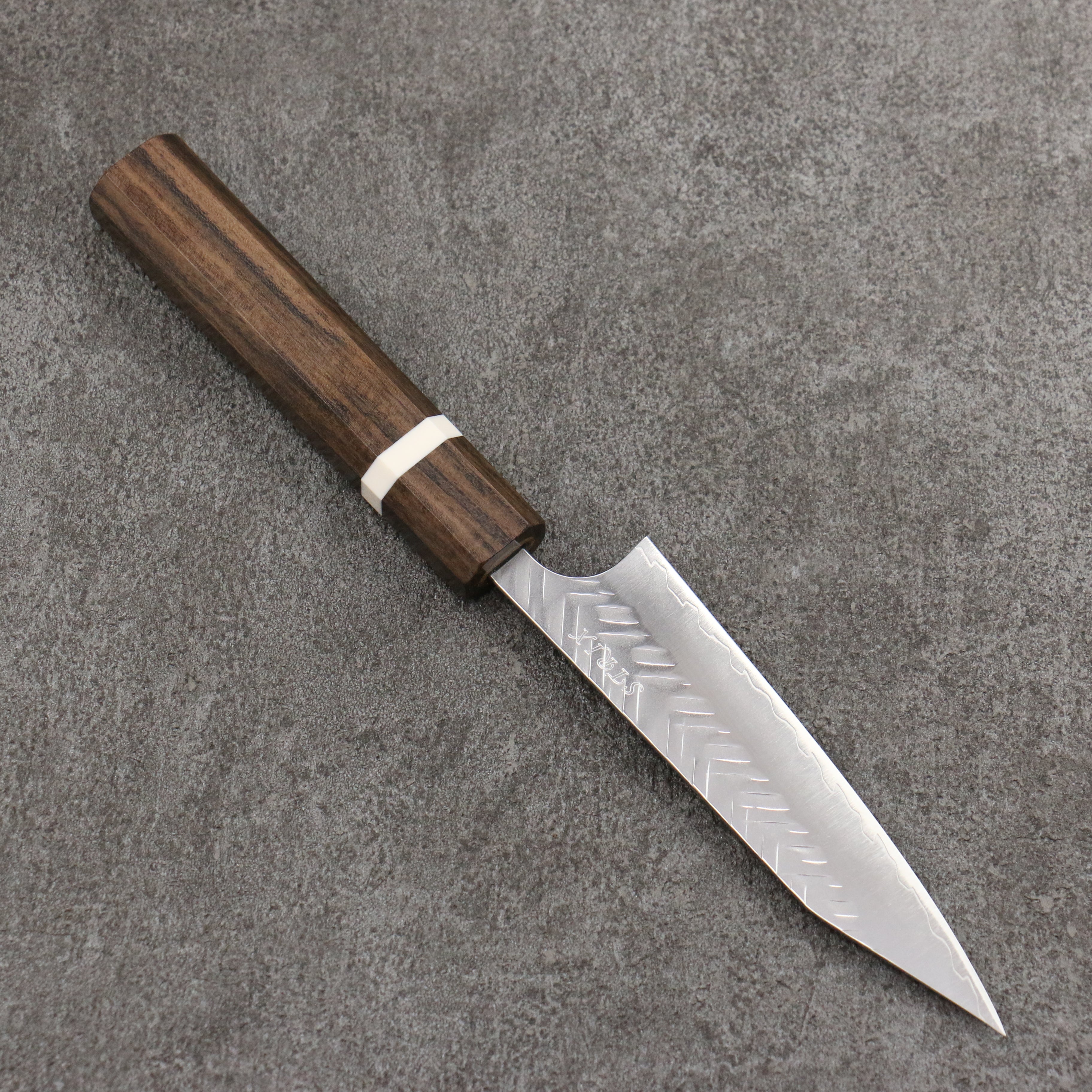 Yoshimi Kato SPG STRIX Hammered (V) Kiritsuke Petty-Utility 120mm Sandalwood with White Ring Handle - Seisuke Knife