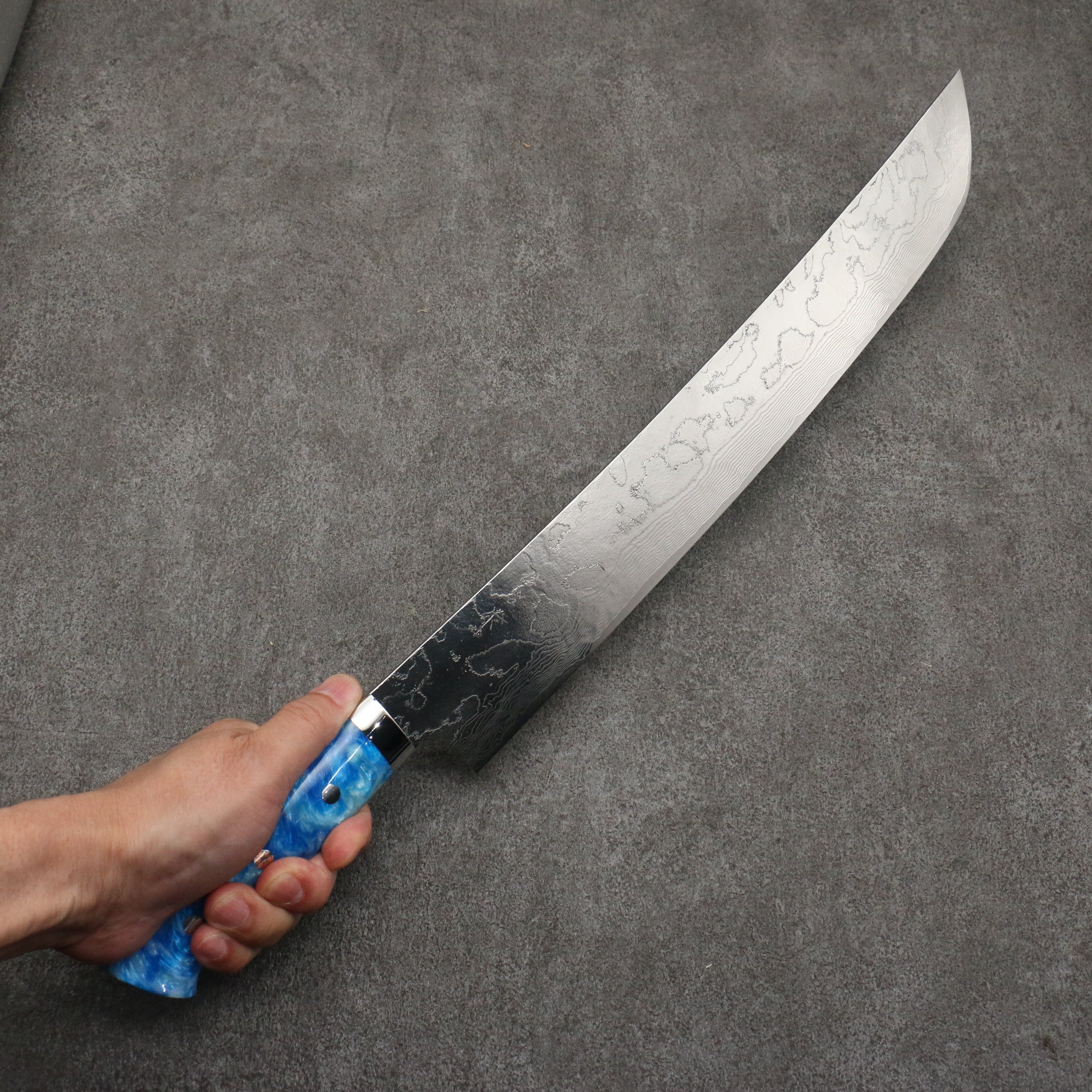 Takeshi Saji SG2 Damascus Diamond Finish Sakimaru Sujihiki 390mm White and Blue Marble Acrylic Handle - Seisuke Knife