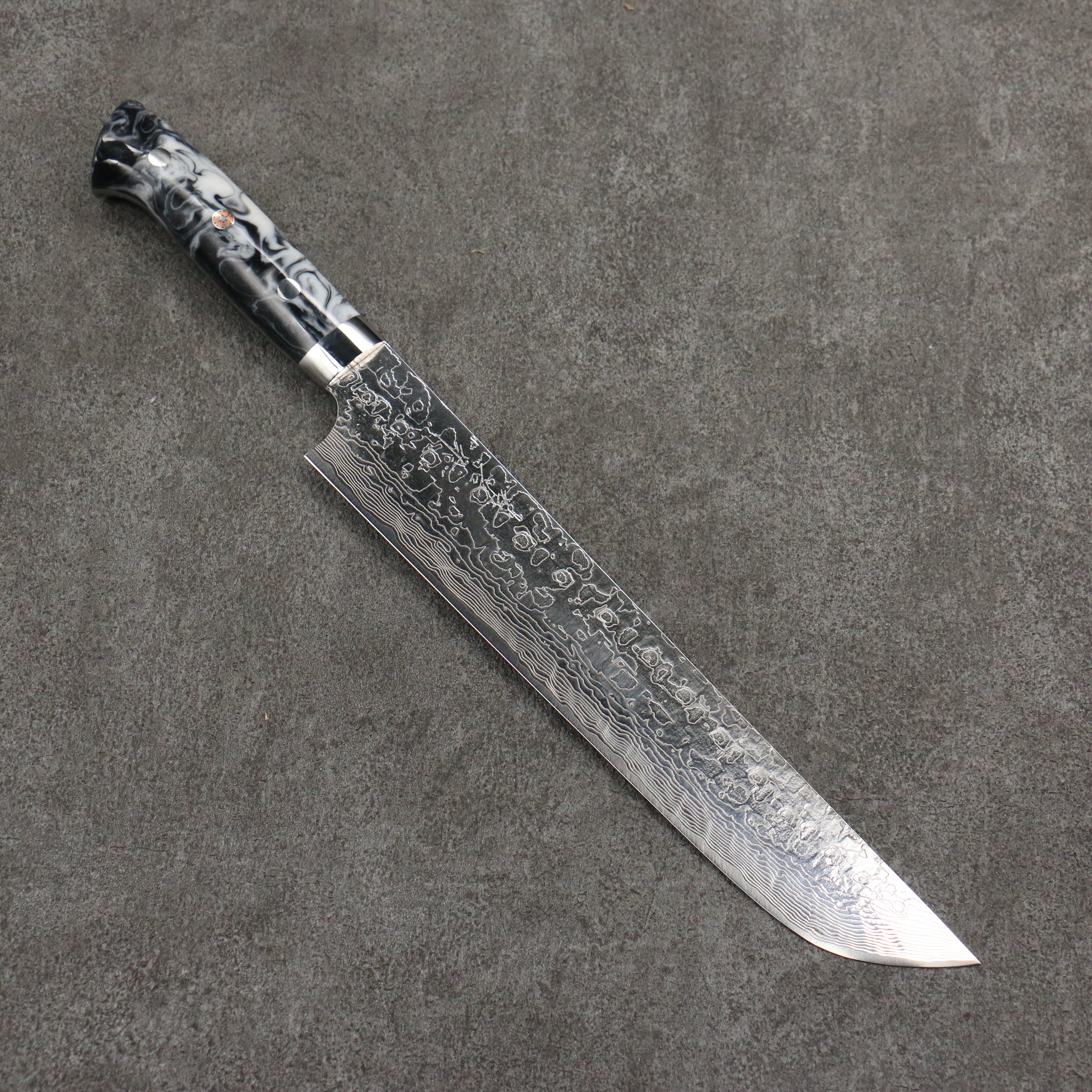Takeshi Saji SG2 Damascus Diamond Finish Sakimaru Sujihiki 240mm White and Black Marble Acrylic Handle - Seisuke Knife