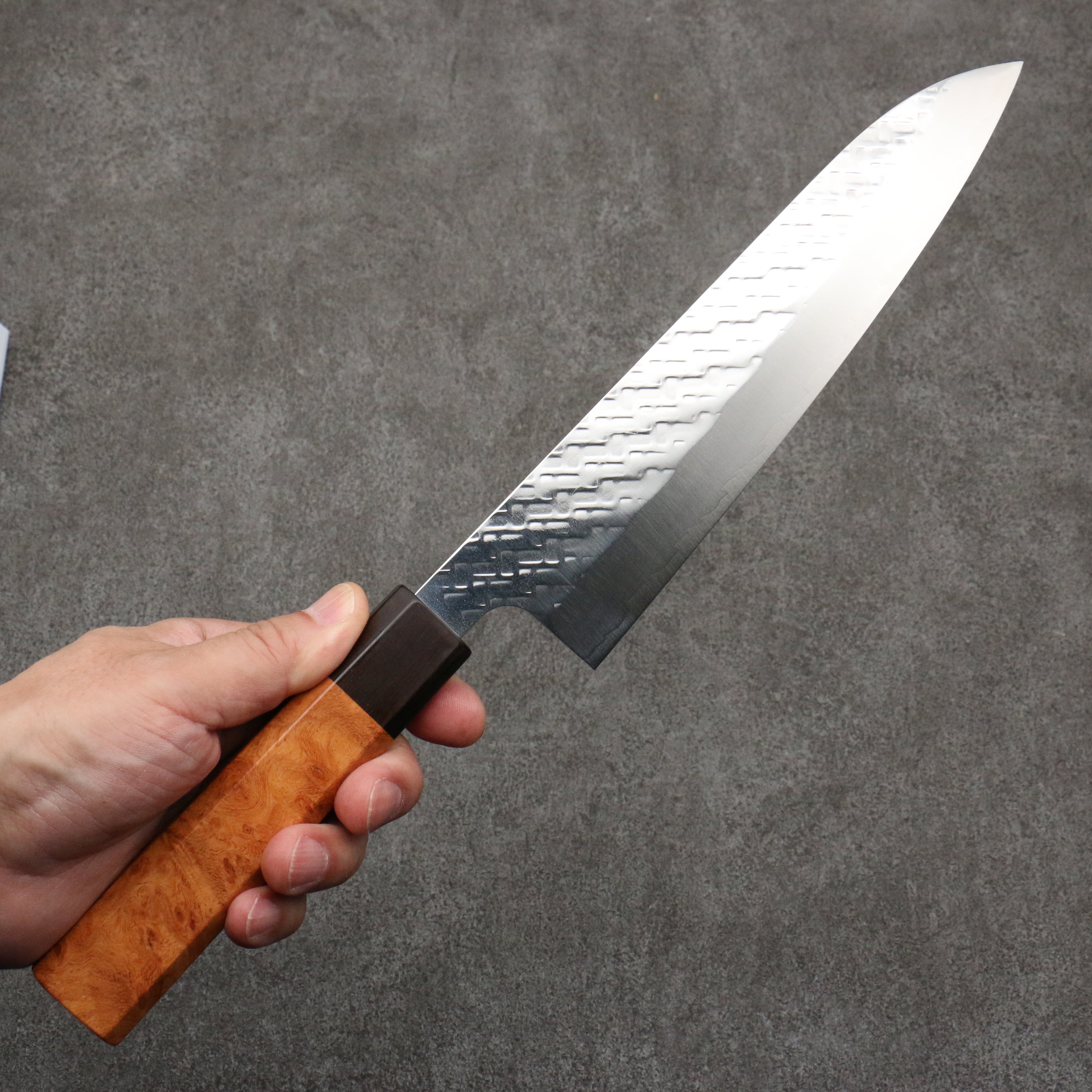 Takeshi Saji SPG STRIX Hammered Migaki Finished Gyuto 210mm Chinese Quince Burl (Ferrule: Ebony) Handle - Seisuke Knife