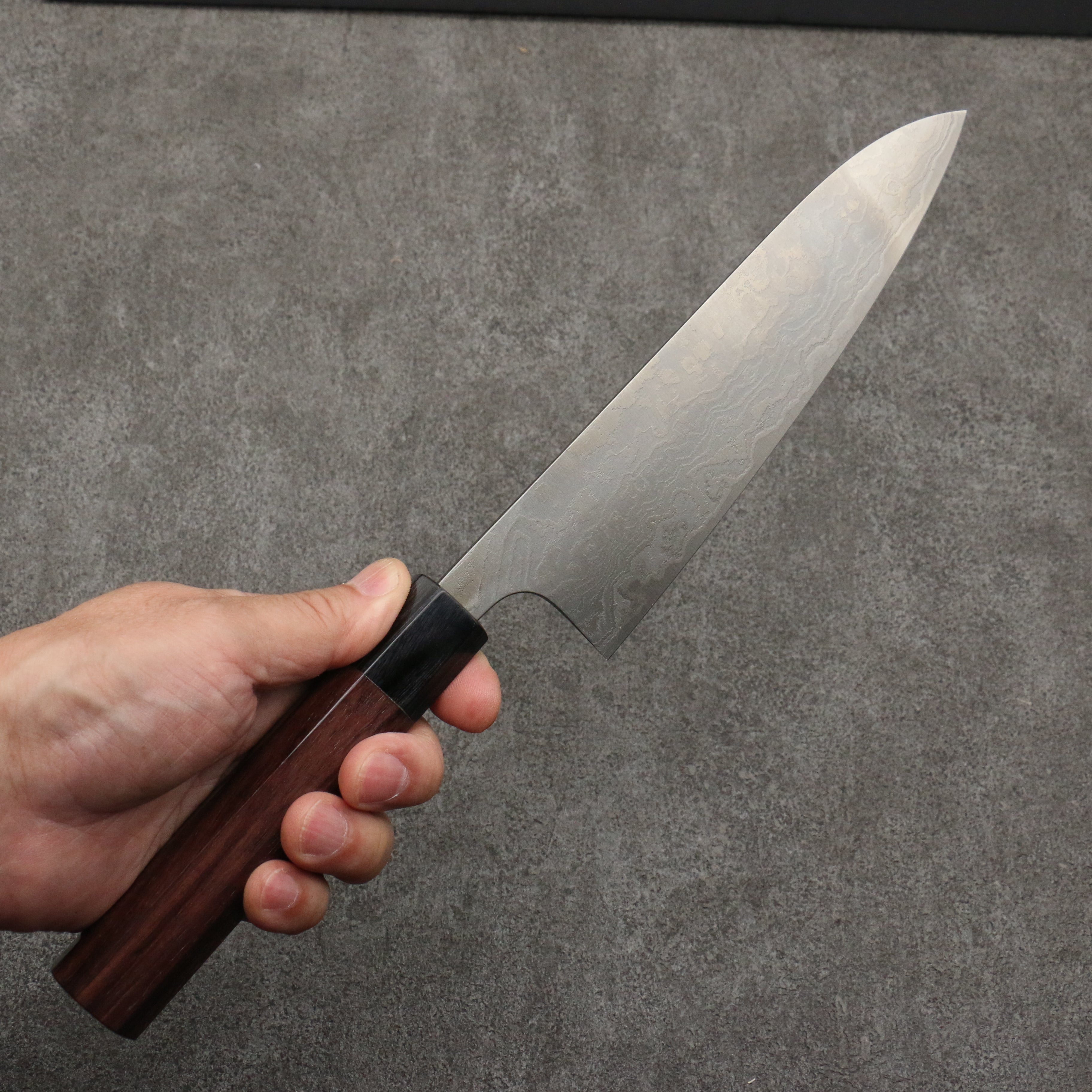 Nao Yamamoto SG2 Damascus Migaki Finished Gyuto 180mm Rosewood (Ferrule: Black Pakka Wood) Handle - Seisuke Knife