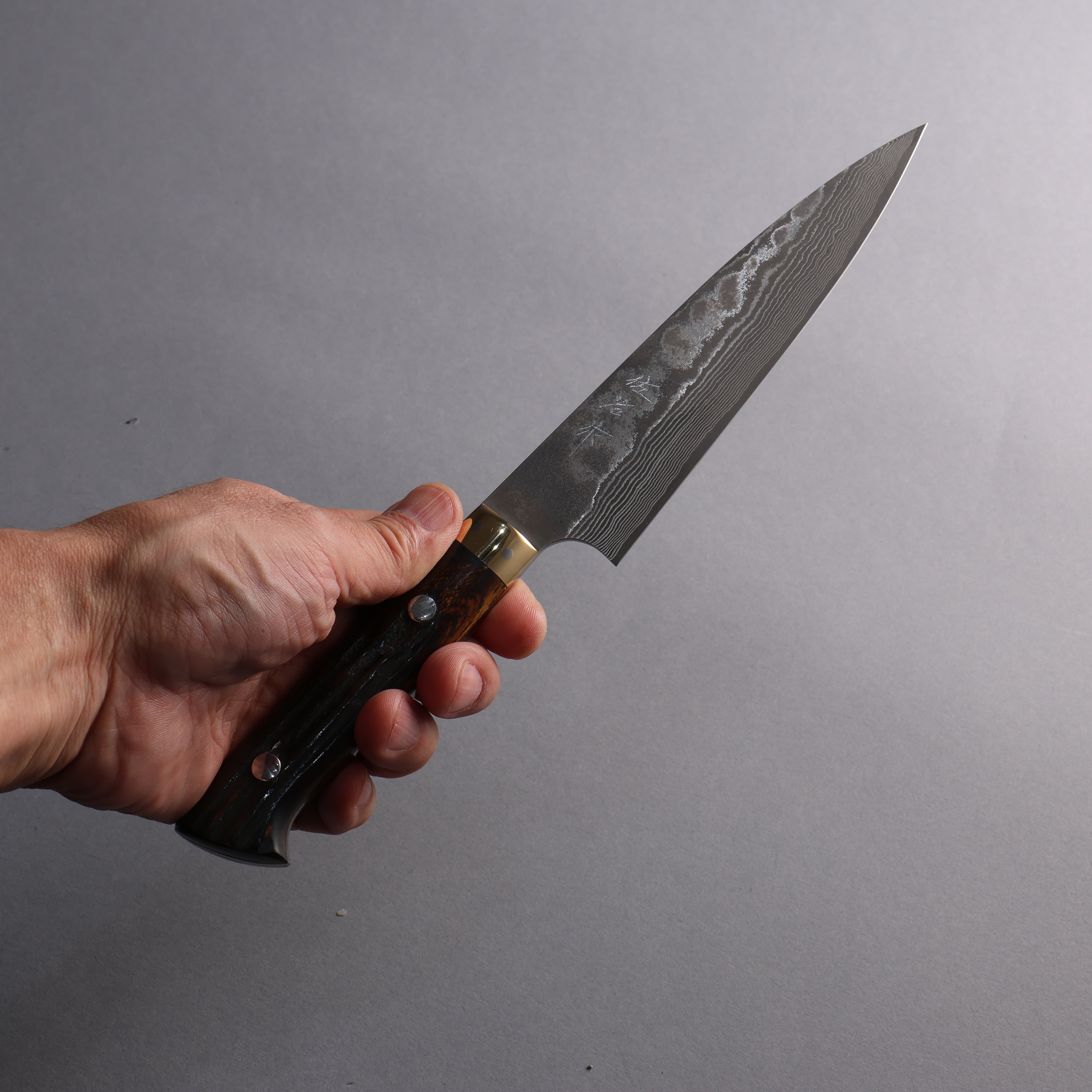 Takeshi Saji VG10 Black Damascus Petty-Utility 150mm Brown Deer Horn Handle - Seisuke Knife