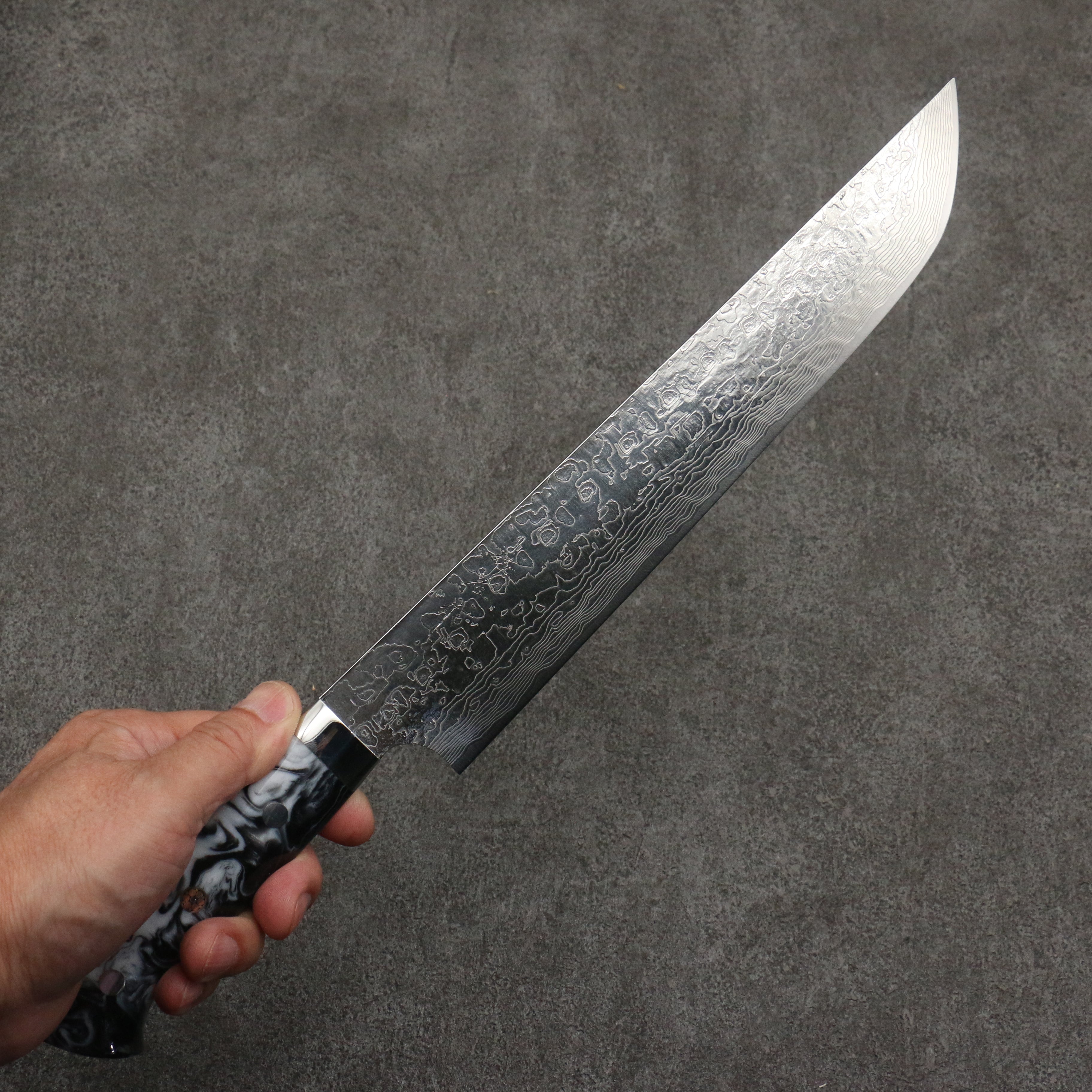 Takeshi Saji SG2 Damascus Diamond Finish Sakimaru Sujihiki 240mm White and Black Marble Acrylic Handle - Seisuke Knife