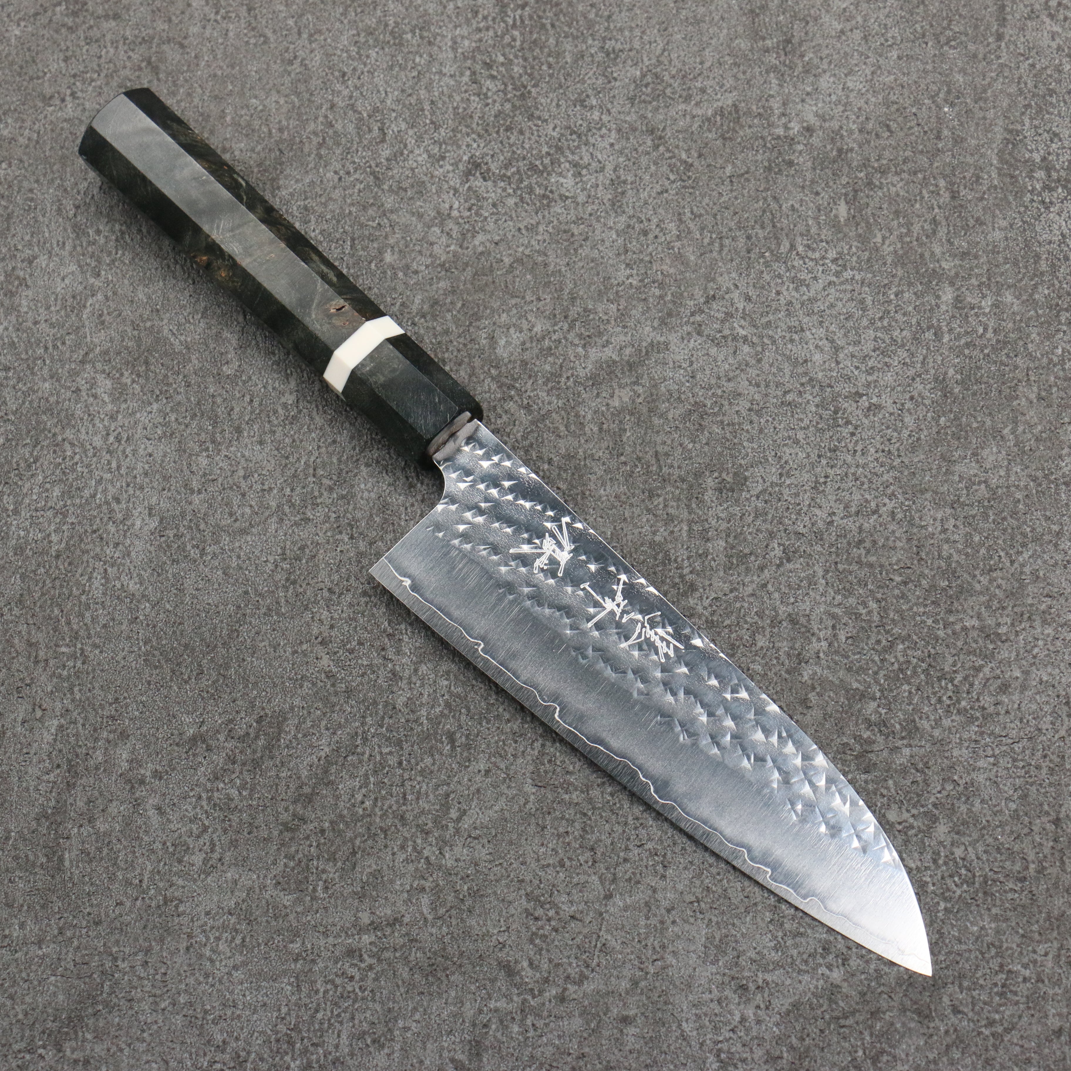 Yu Kurosaki Senko Ryu SG2 Hammered Small Santoku 150mm Stabilized Burl (White Ring) Handle - Seisuke Knife