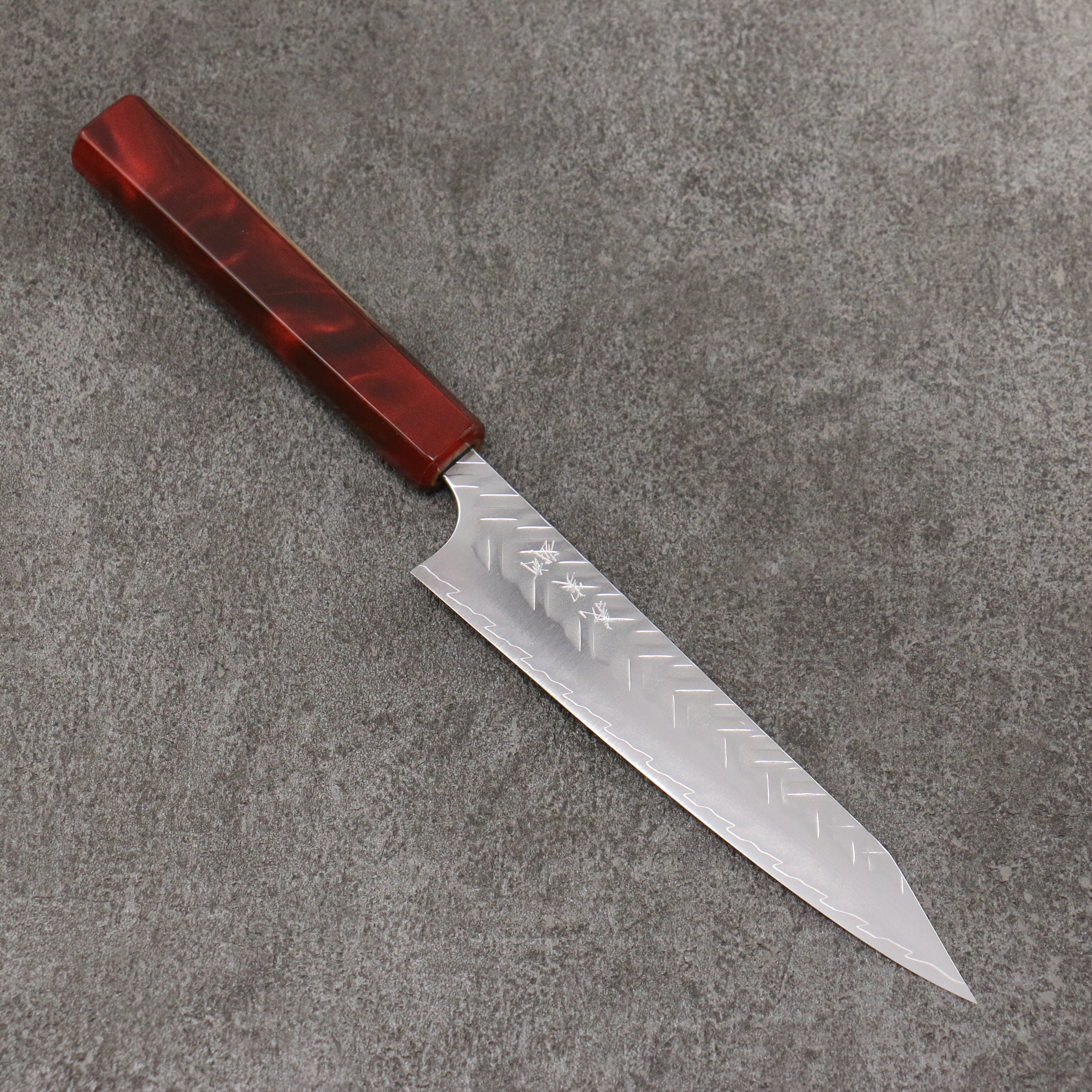Yoshimi Kato SPG STRIX Hammered (V) Kiritsuke Petty-Utility 150mm Olive Tree and Red Resin Handle - Seisuke Knife