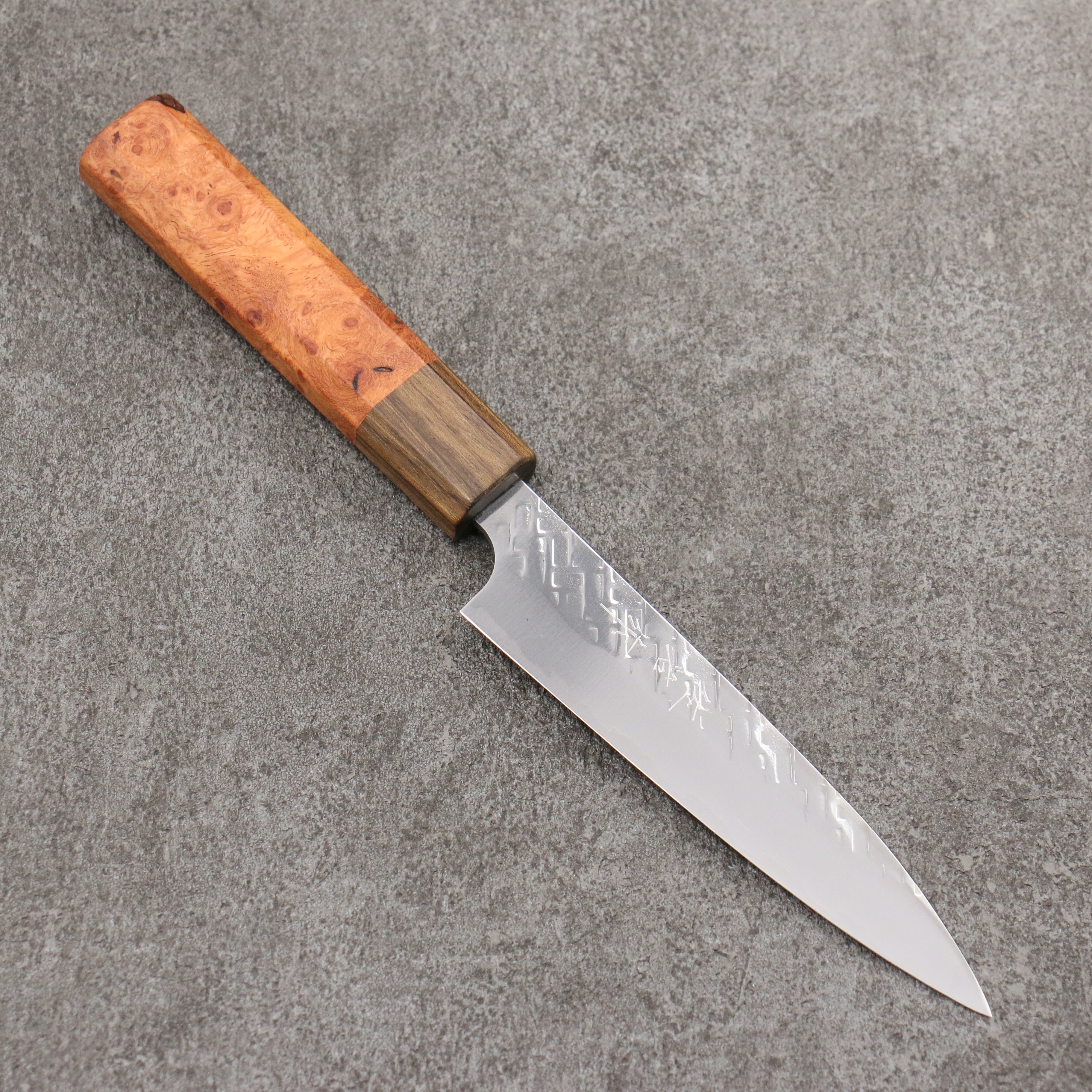 Takeshi Saji SPG STRIX Hammered Migaki Finished Petty-Utility 130mm Chinese Quince Burl (Ferrule: Ovangkol) Handle - Seisuke Knife