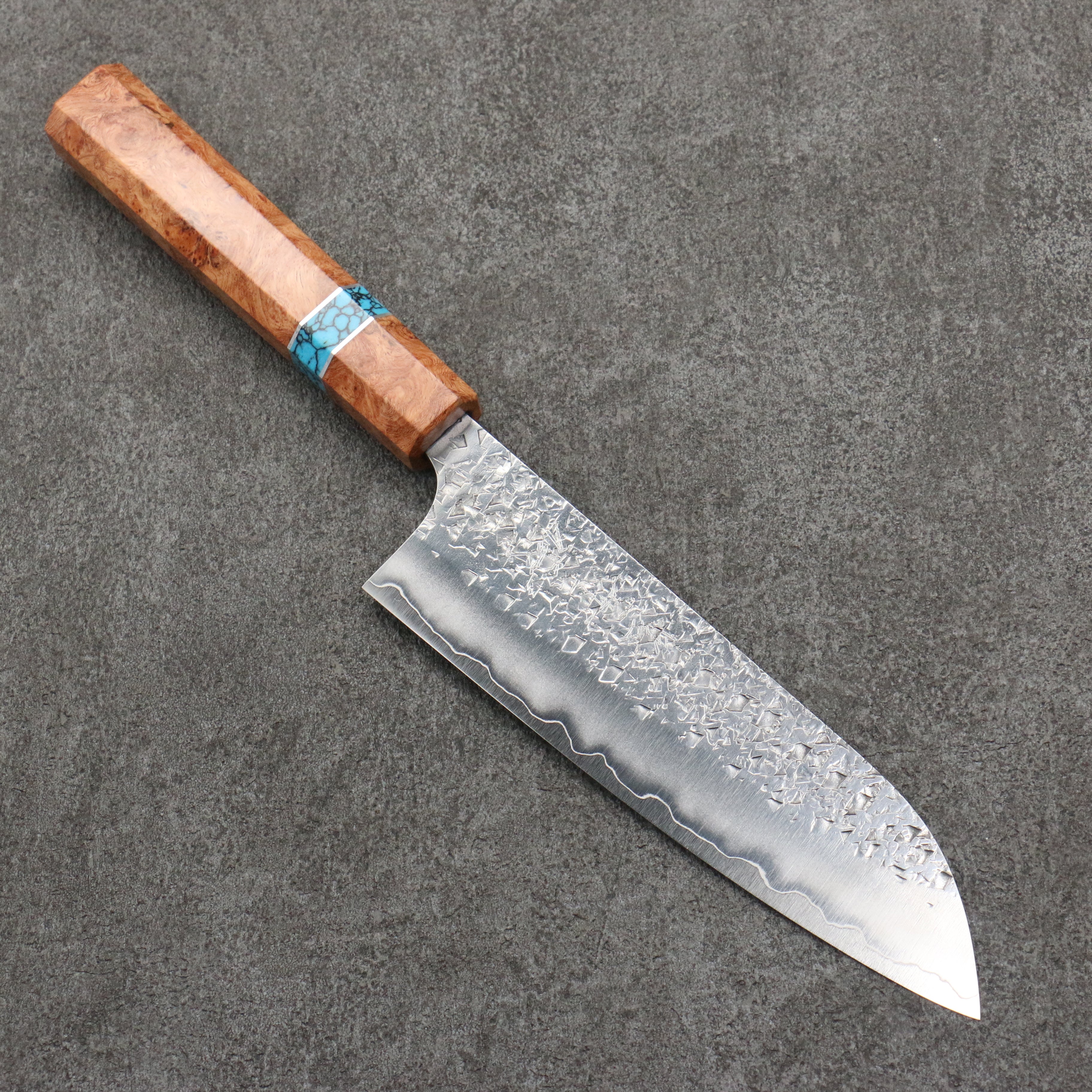 Yu Kurosaki Shizuku SG2 Hammered Santoku 165mm Chinese Quince Burl (Turquoise Ring) Handle - Seisuke Knife