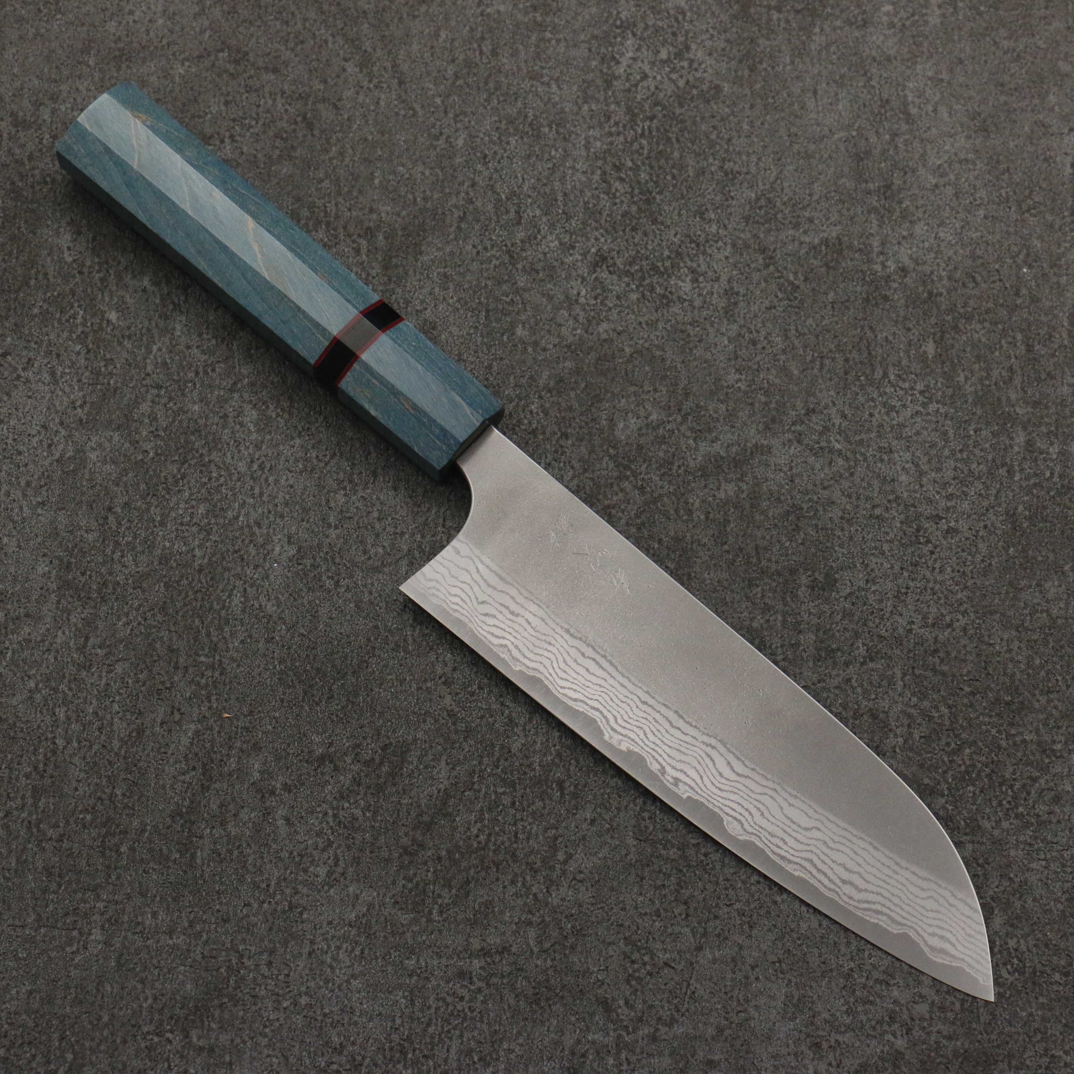 Yoshimi Kato VG10 Nashiji Damascus Santoku 170mm Blue Stabilized Wood (With Black Ring) Handle - Seisuke Knife