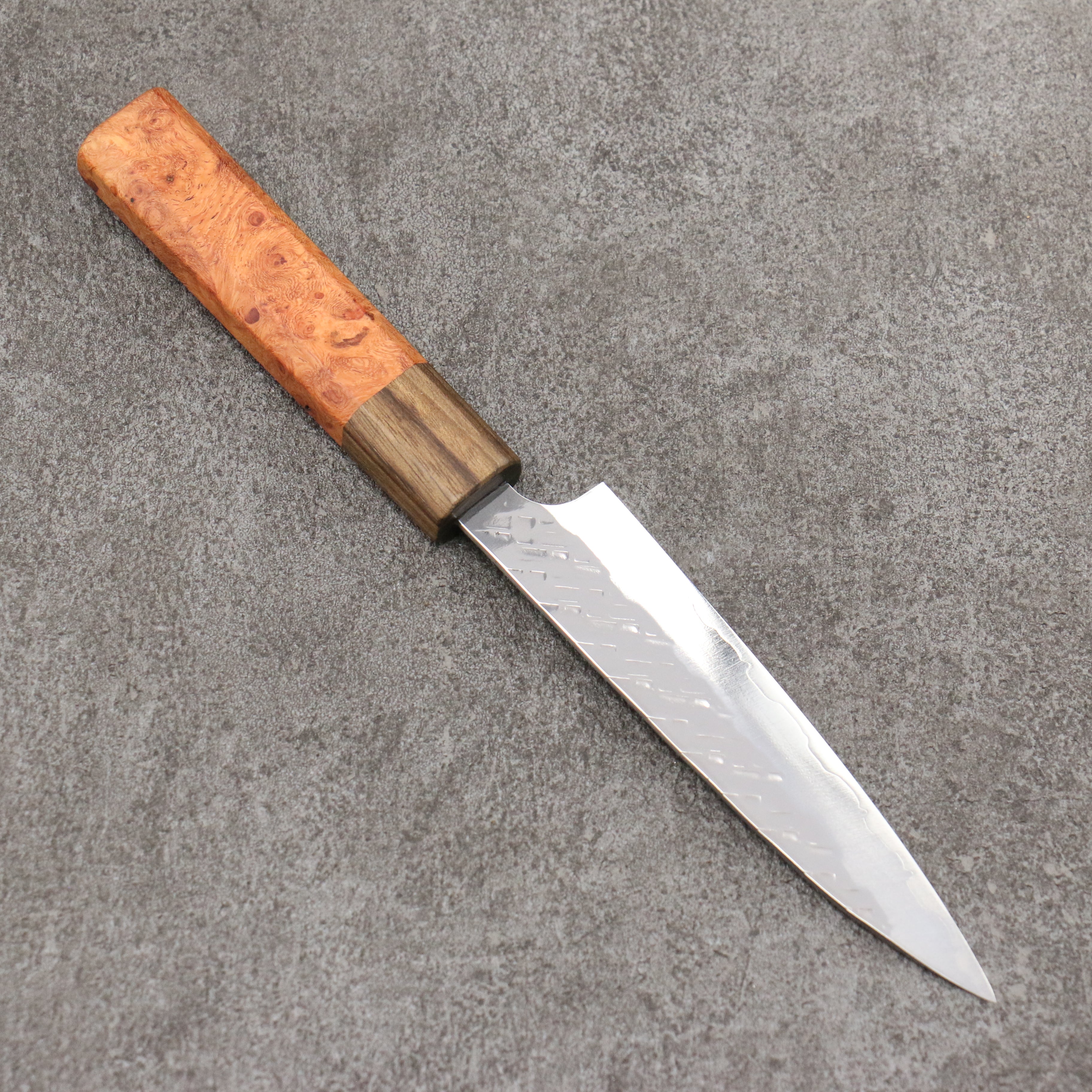 Takeshi Saji SPG STRIX Hammered Migaki Finished Petty-Utility 130mm Chinese Quince Burl (Ferrule: Ovangkol) Handle - Seisuke Knife