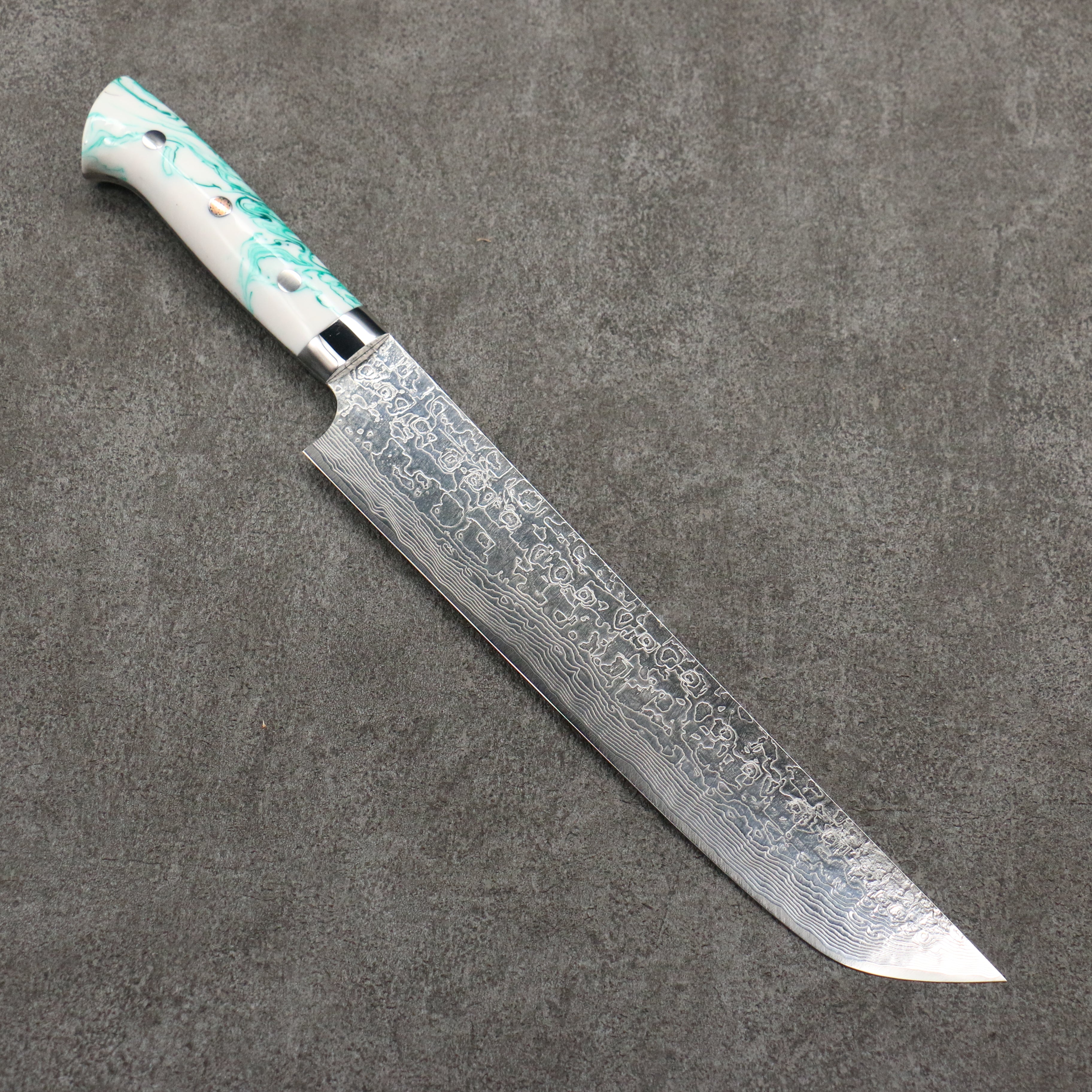 Takeshi Saji SG2 Damascus Diamond Finish Sakimaru Sujihiki 240mm White and Green Marble Acrylic Handle - Seisuke Knife