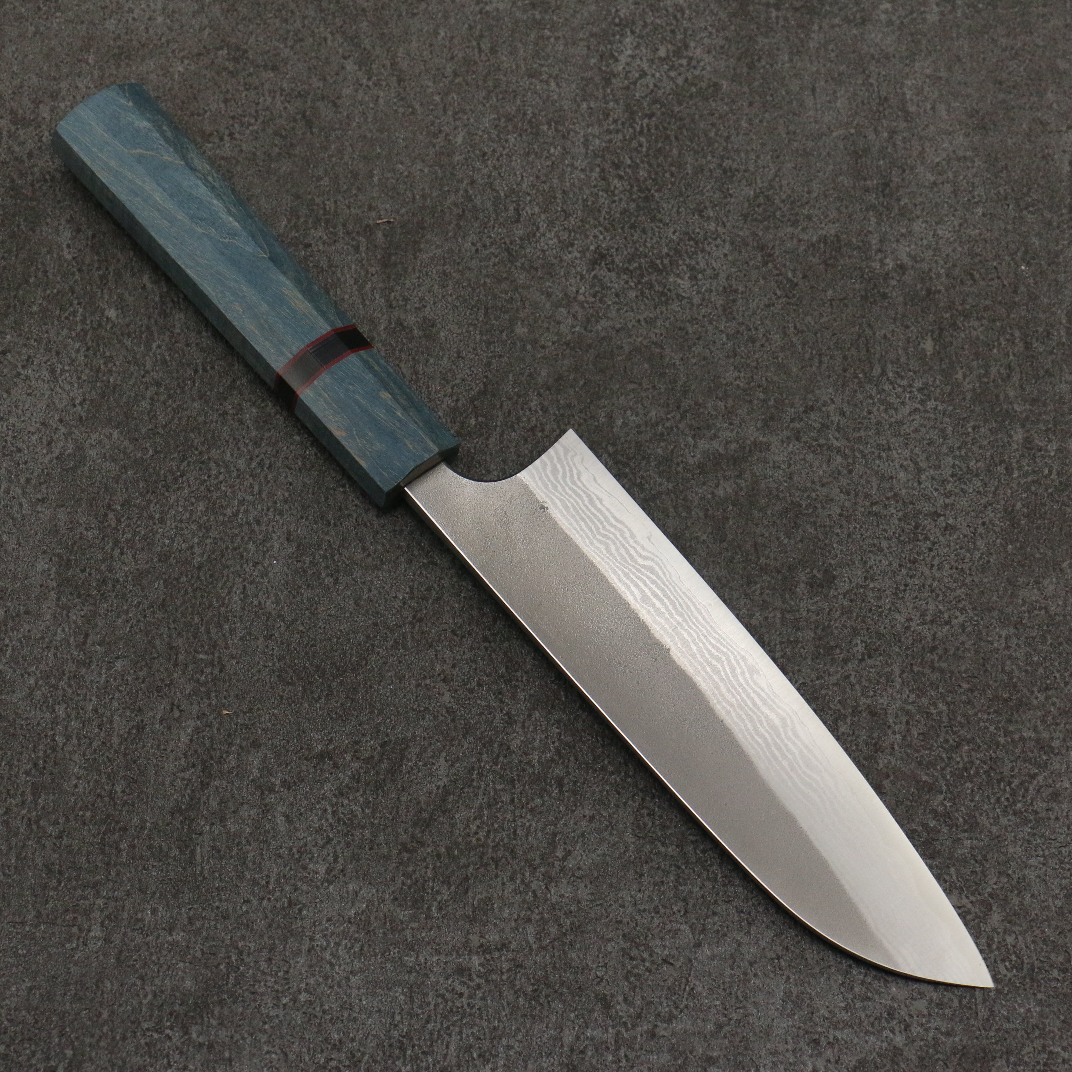 Yoshimi Kato VG10 Nashiji Damascus Santoku 170mm Blue Stabilized Wood (With Black Ring) Handle - Seisuke Knife