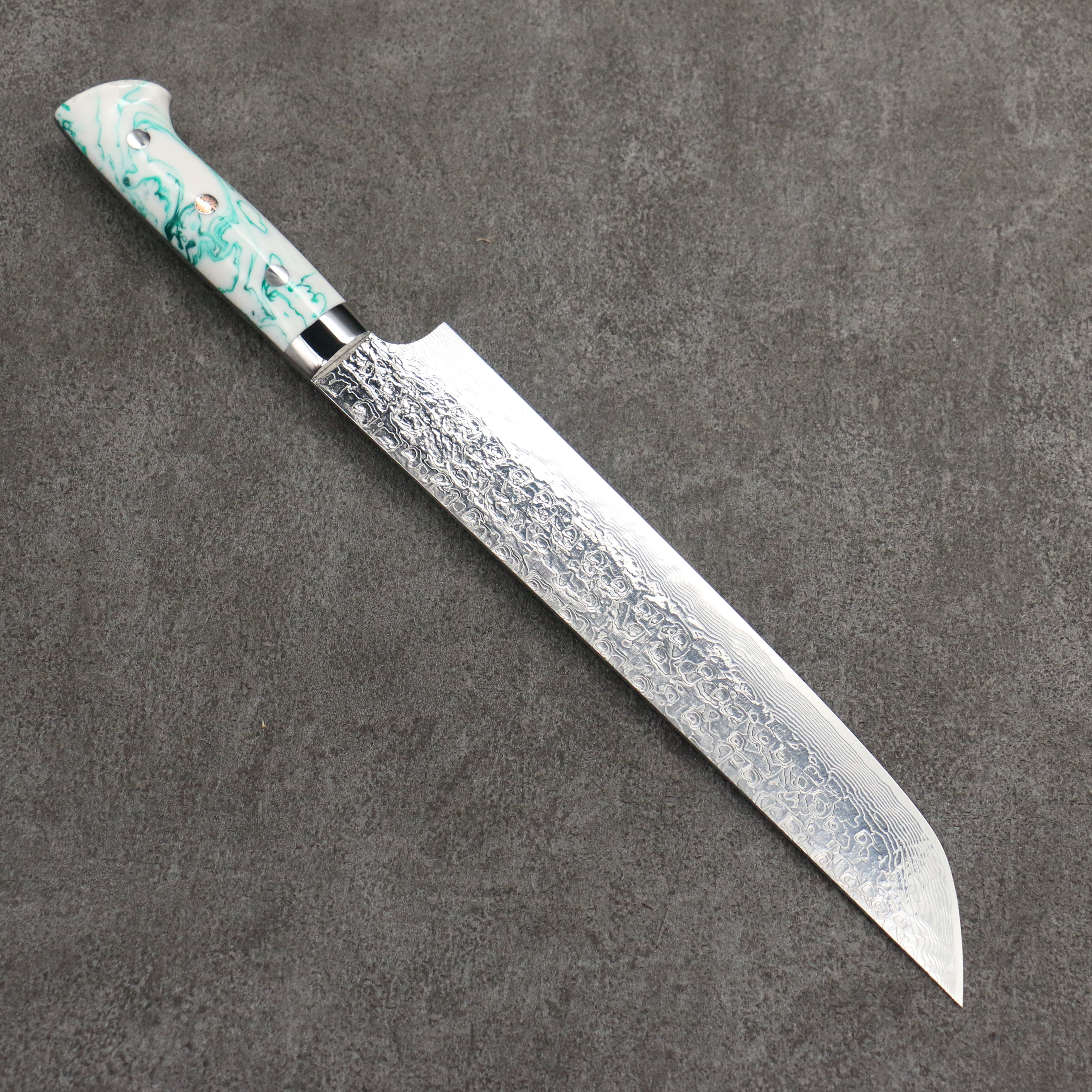 Takeshi Saji SG2 Damascus Diamond Finish Sakimaru Sujihiki 240mm White and Green Marble Acrylic Handle - Seisuke Knife
