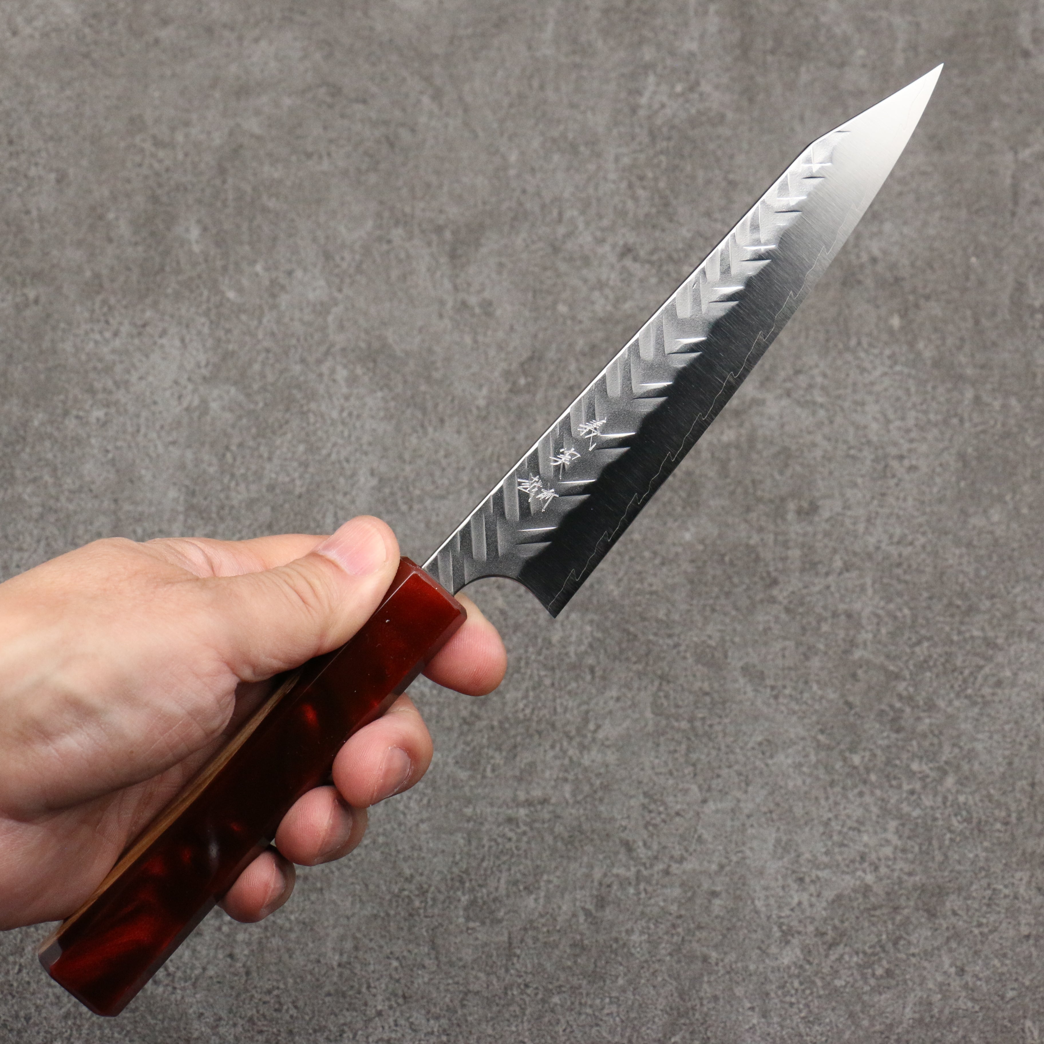 Yoshimi Kato SPG STRIX Hammered (V) Kiritsuke Petty-Utility 150mm Olive Tree and Red Resin Handle - Seisuke Knife