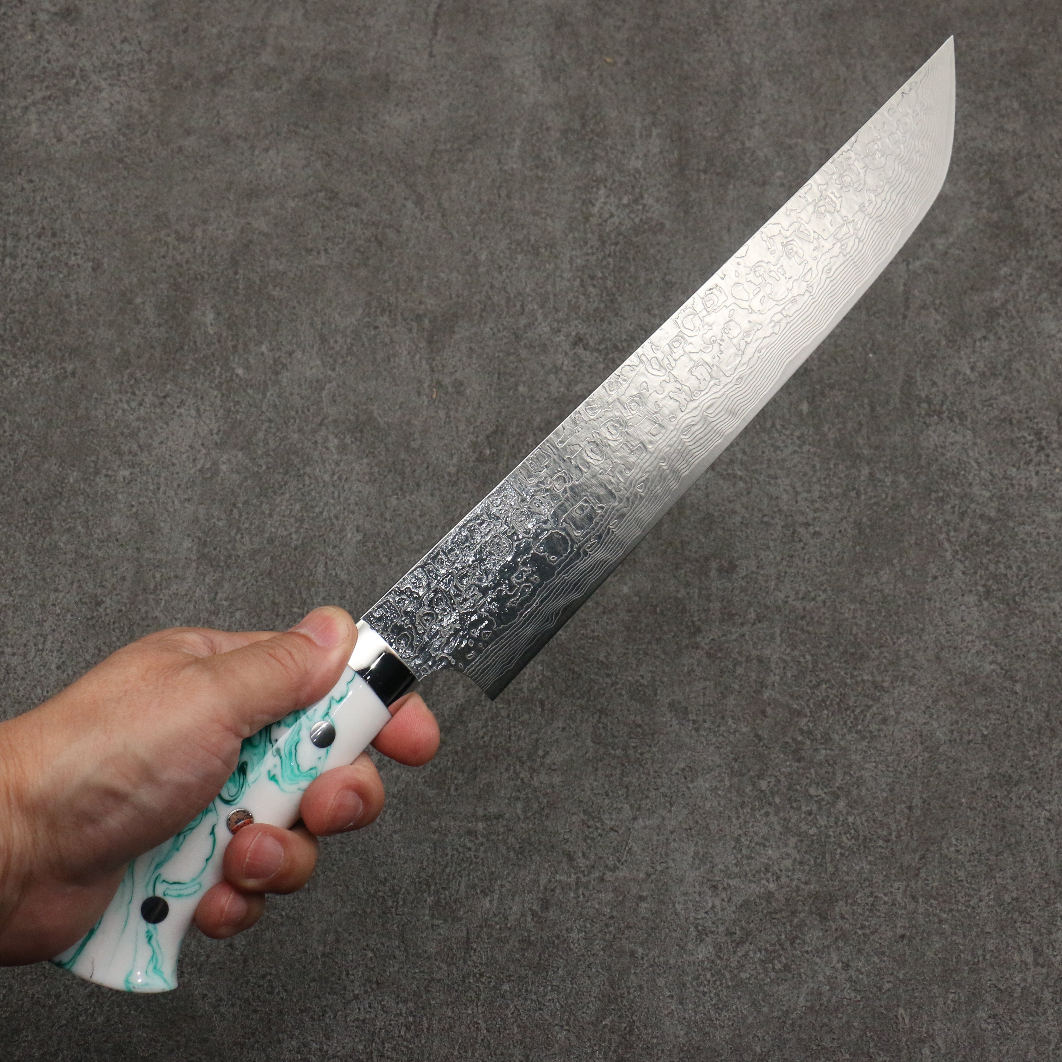 Takeshi Saji SG2 Damascus Diamond Finish Sakimaru Sujihiki 240mm White and Green Marble Acrylic Handle - Seisuke Knife